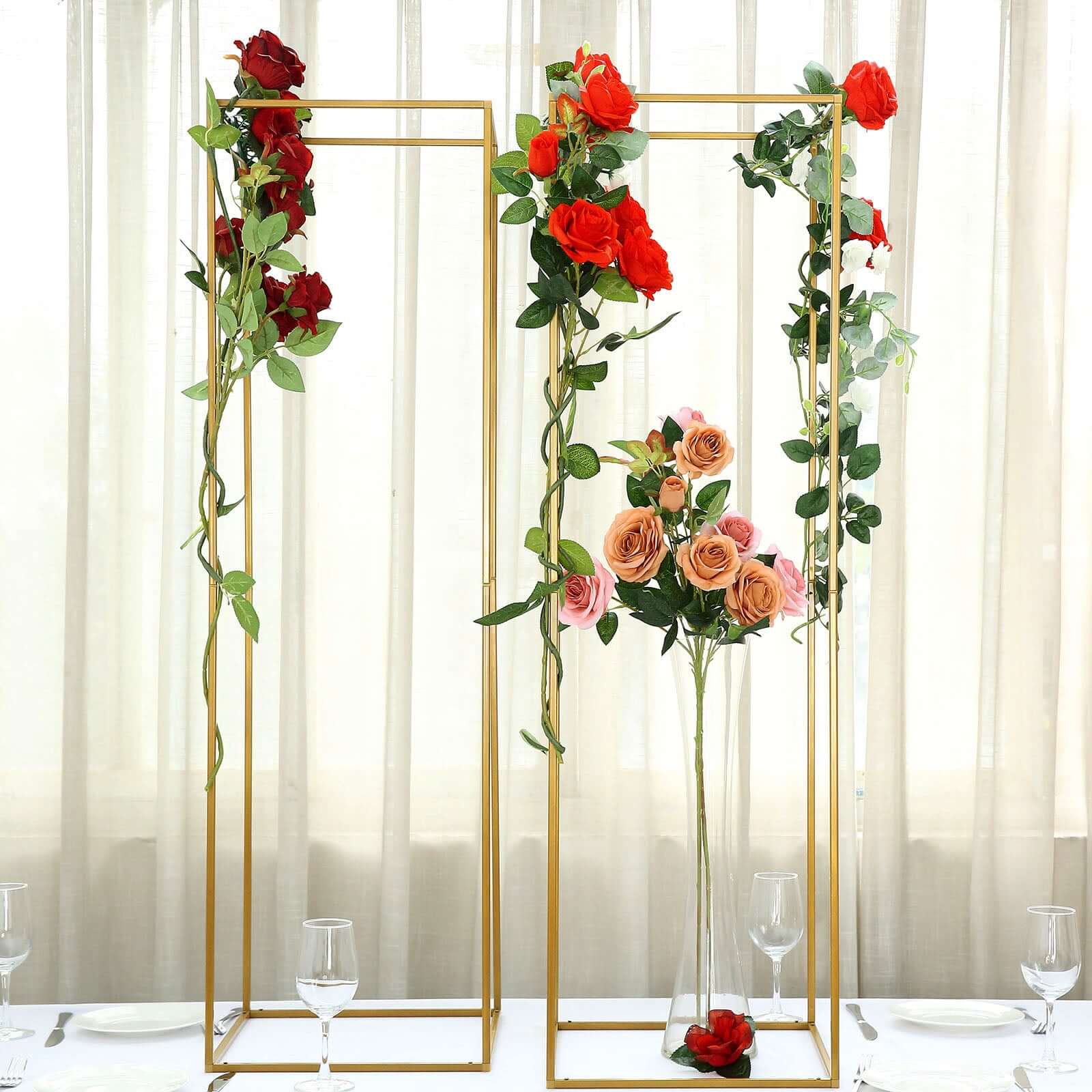 Hot Deal! 2-Pack Matte Gold Metal Rectangular Geometric Column Flower Stands for Upscale Floral Arrangements