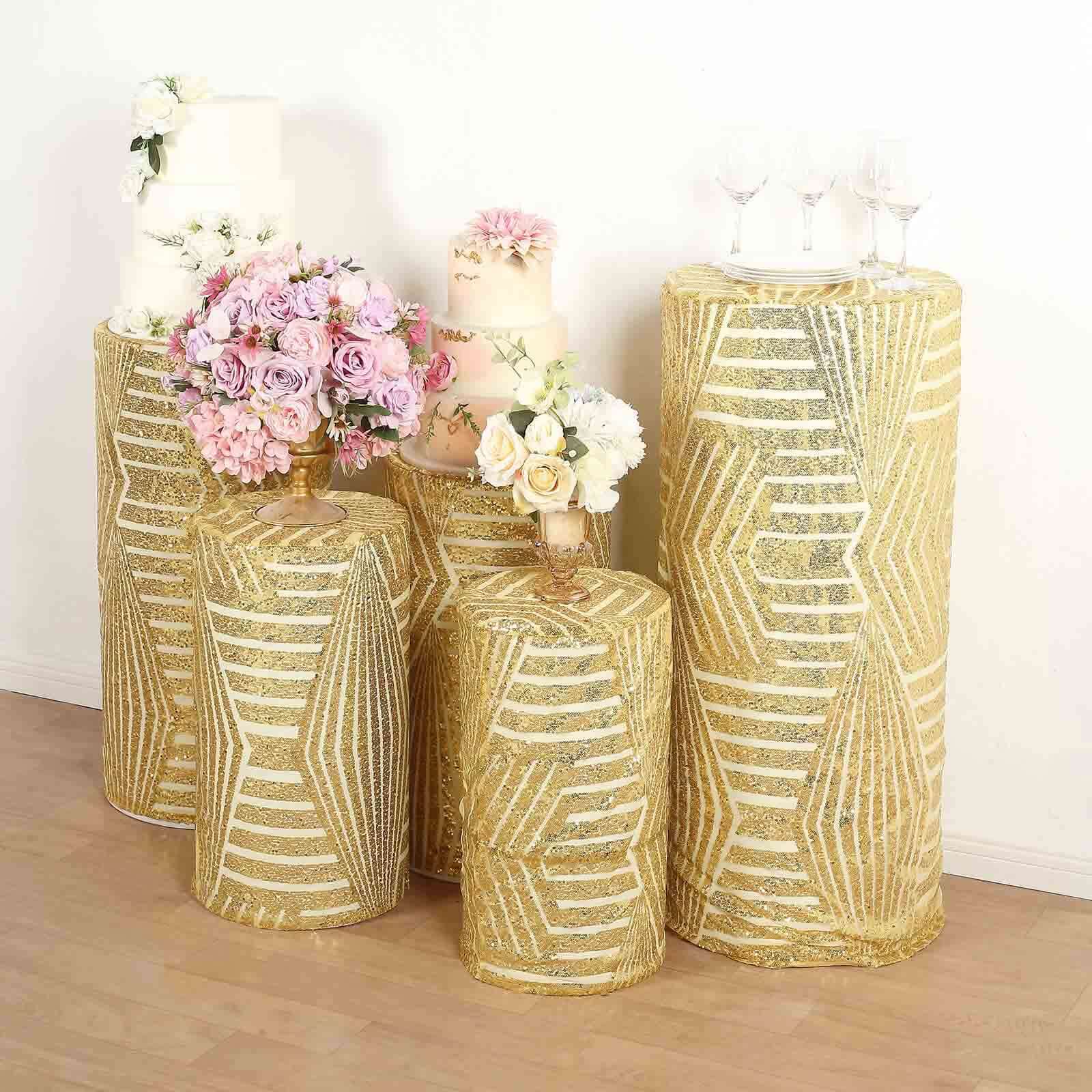 Sparkling Gold Sequin Mesh Geometric Pattern Cylinder Pedestal Stand Covers - Set of 5