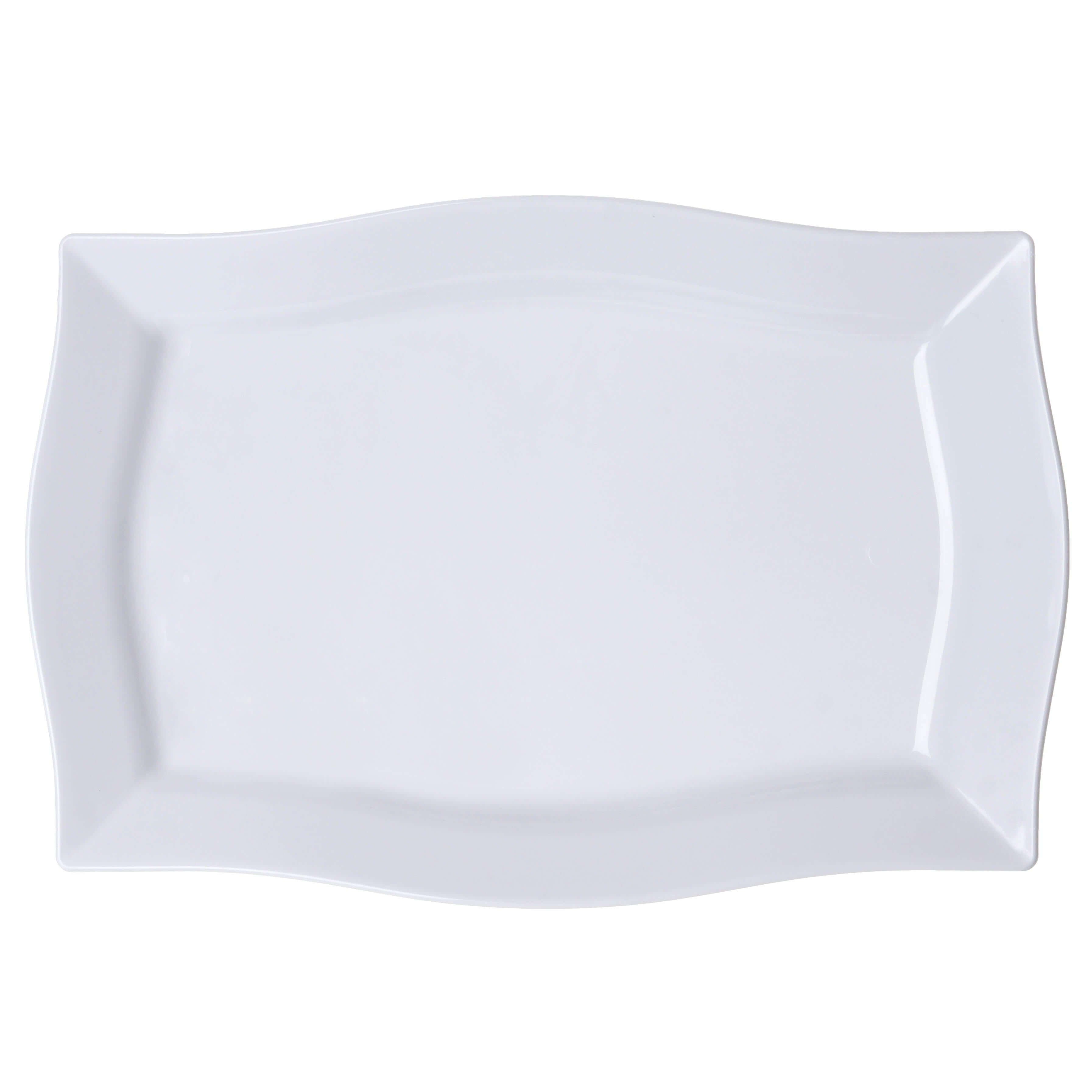 10-Pack Glossy White Plastic Disposable 12" Rectangular Serving Plates with Wave Trimmed Rim