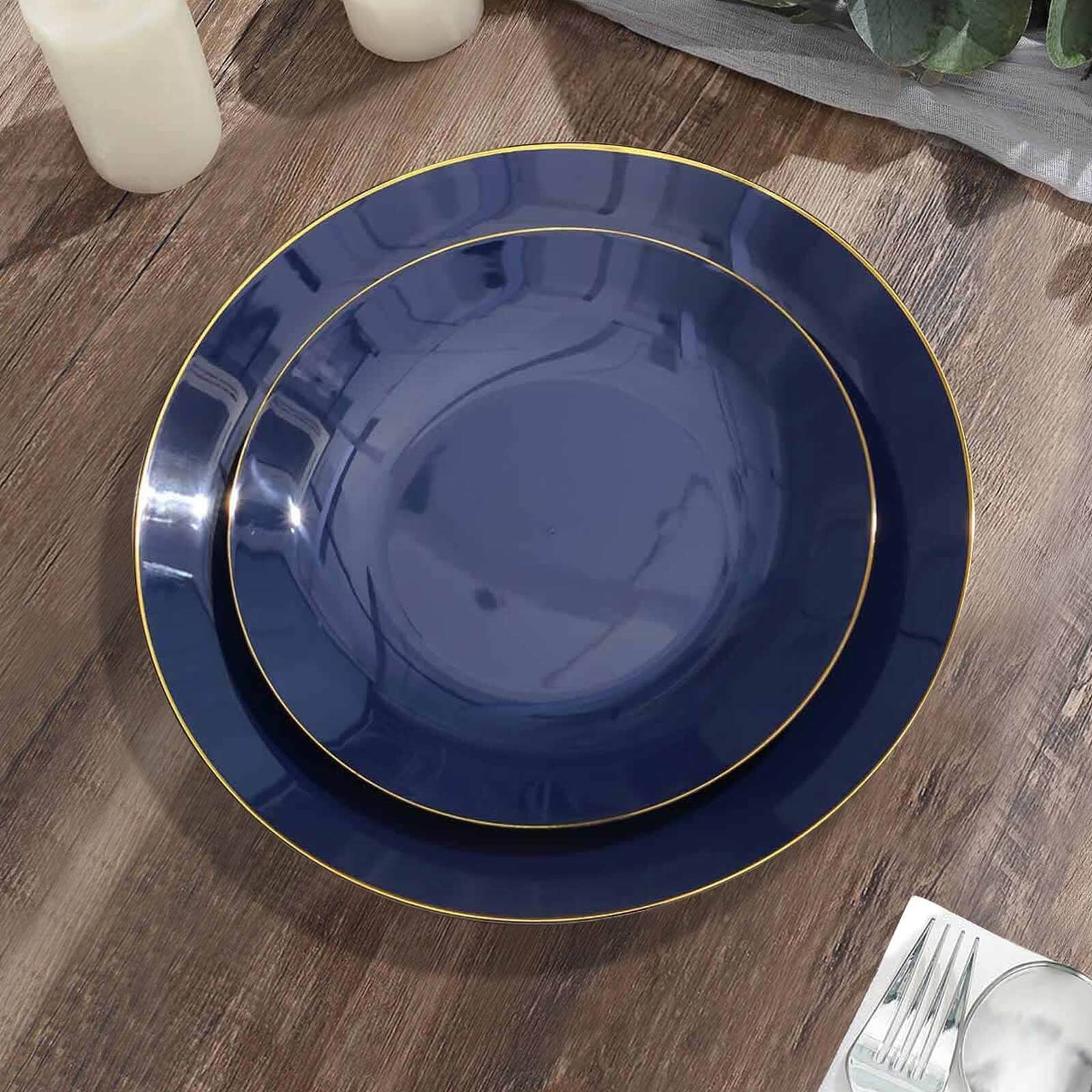 Hot Deal! 10-Piece Set of Disposable Navy Blue Plastic Round Dessert Plates with Gold Rim