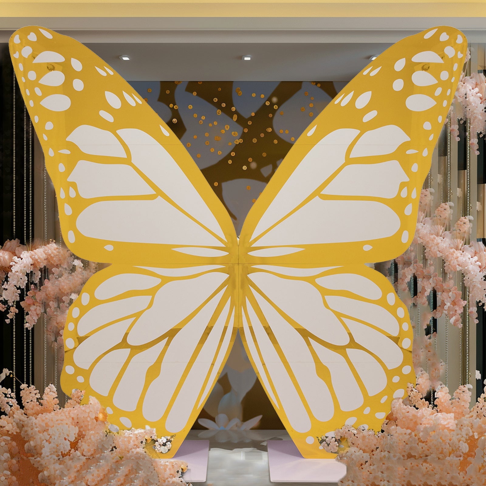 6.5ft Free-Standing Glossy White Gold Monarch Butterfly Wings Backdrop for Party