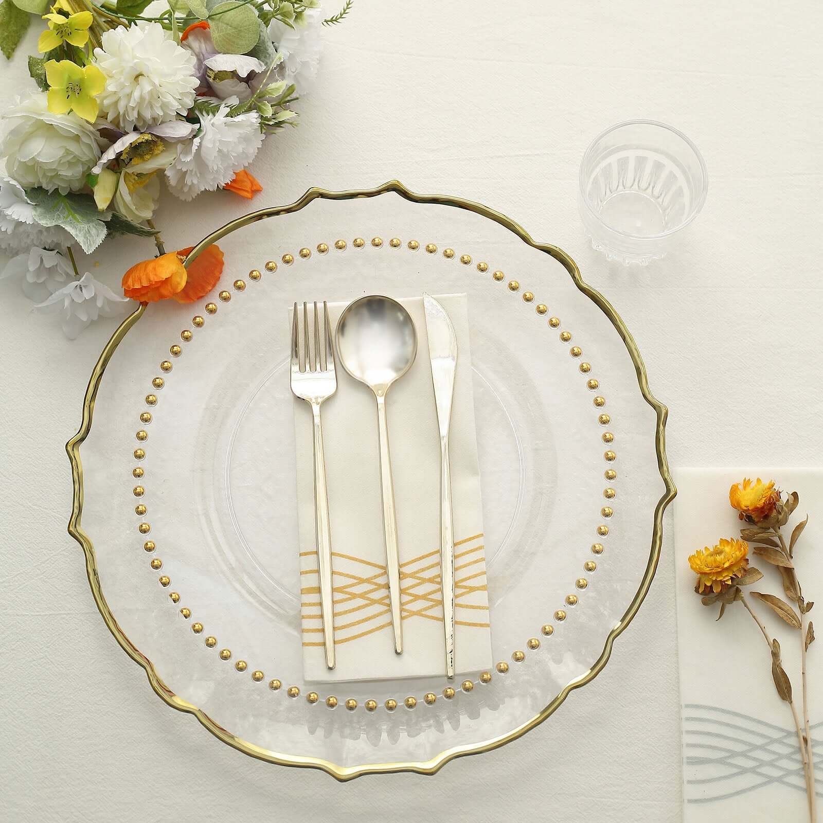 Get 10-Pack of Disposable Round Clear Plastic Dinner Plates with Gold Beaded Rim for Parties