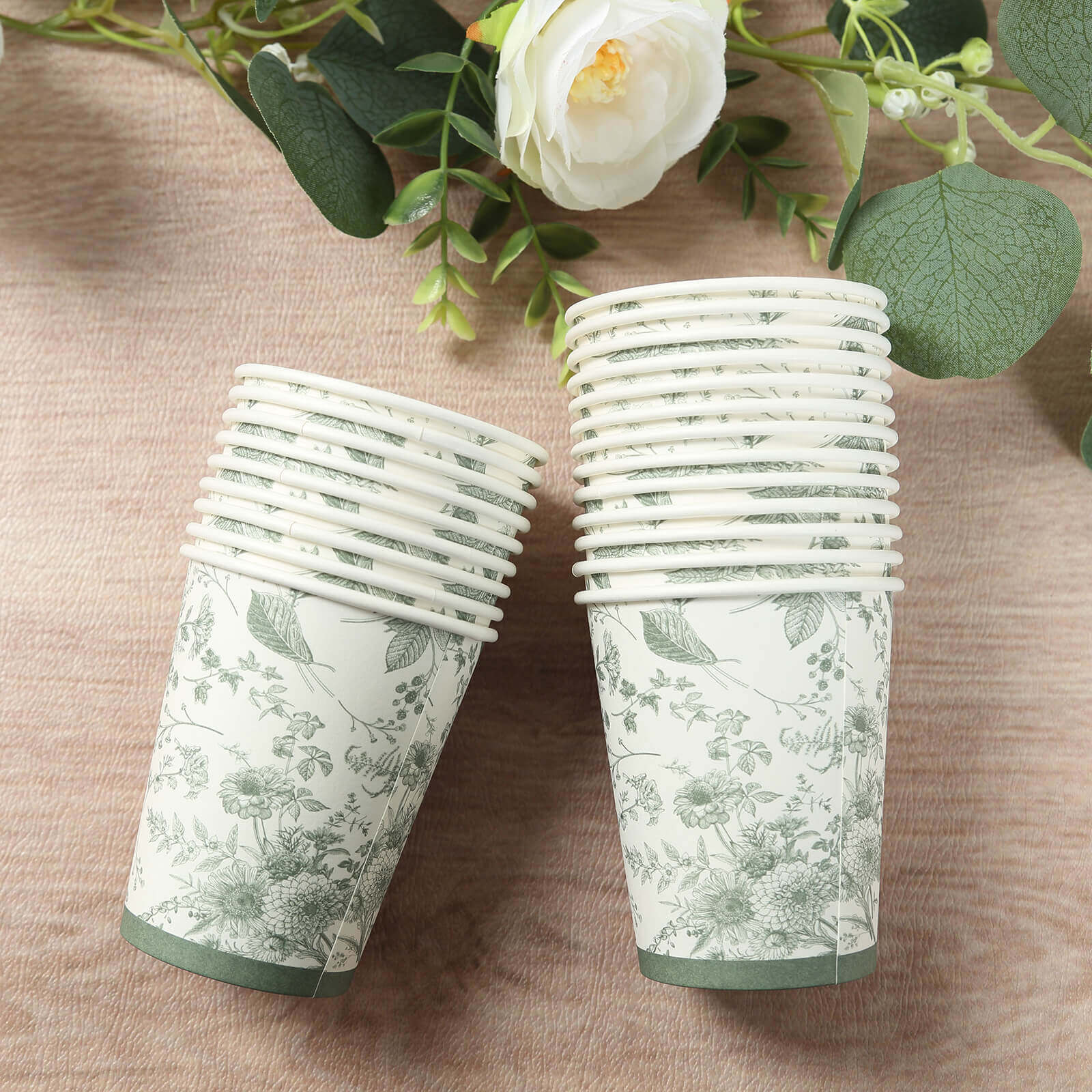 24-Piece 9oz Disposable Paper Party Cups in Elegant White & Sage Green French Toile Design