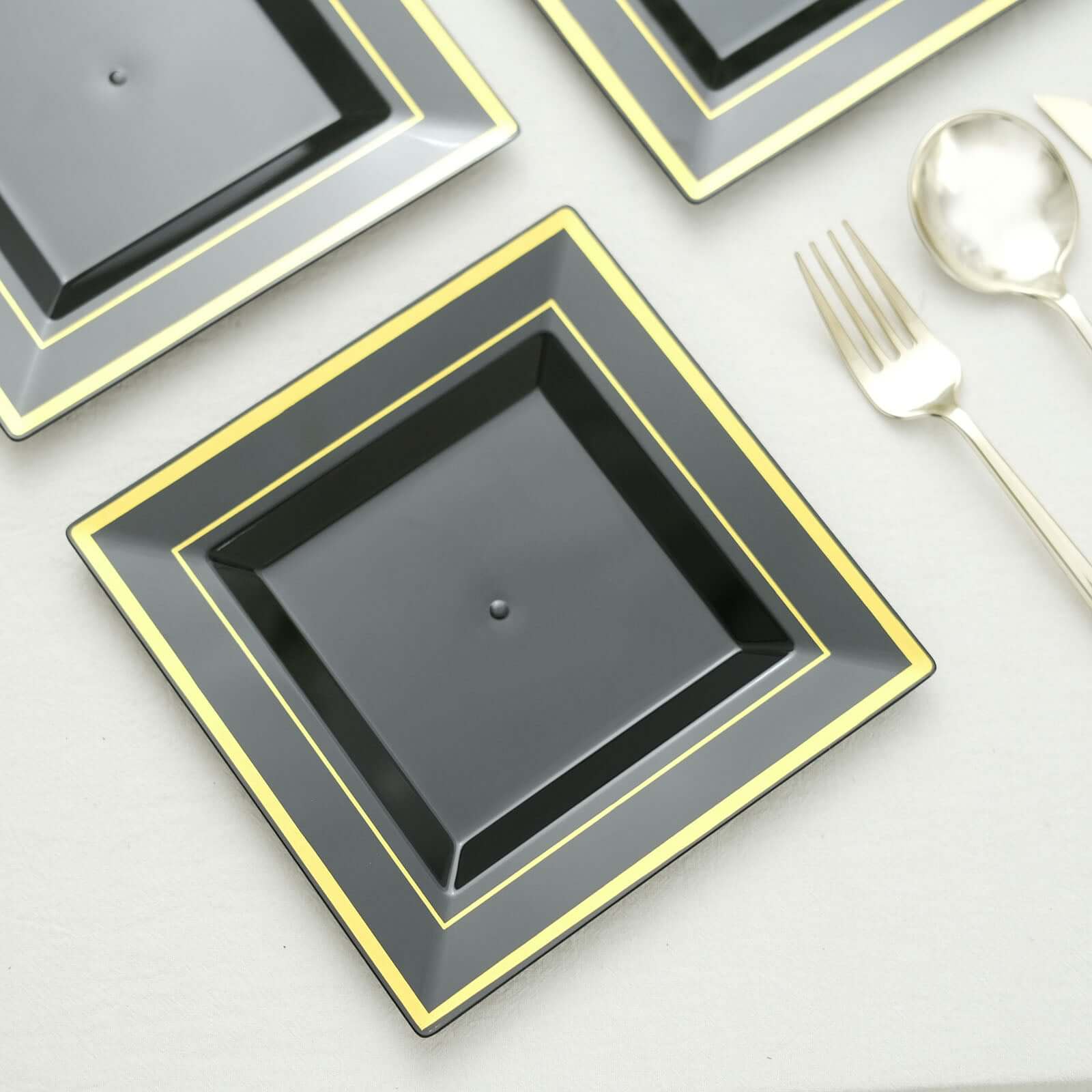 10-Piece Set of Durable Disposable Black Square Salad & Dessert Plates with Gold Trim, 7 Inches