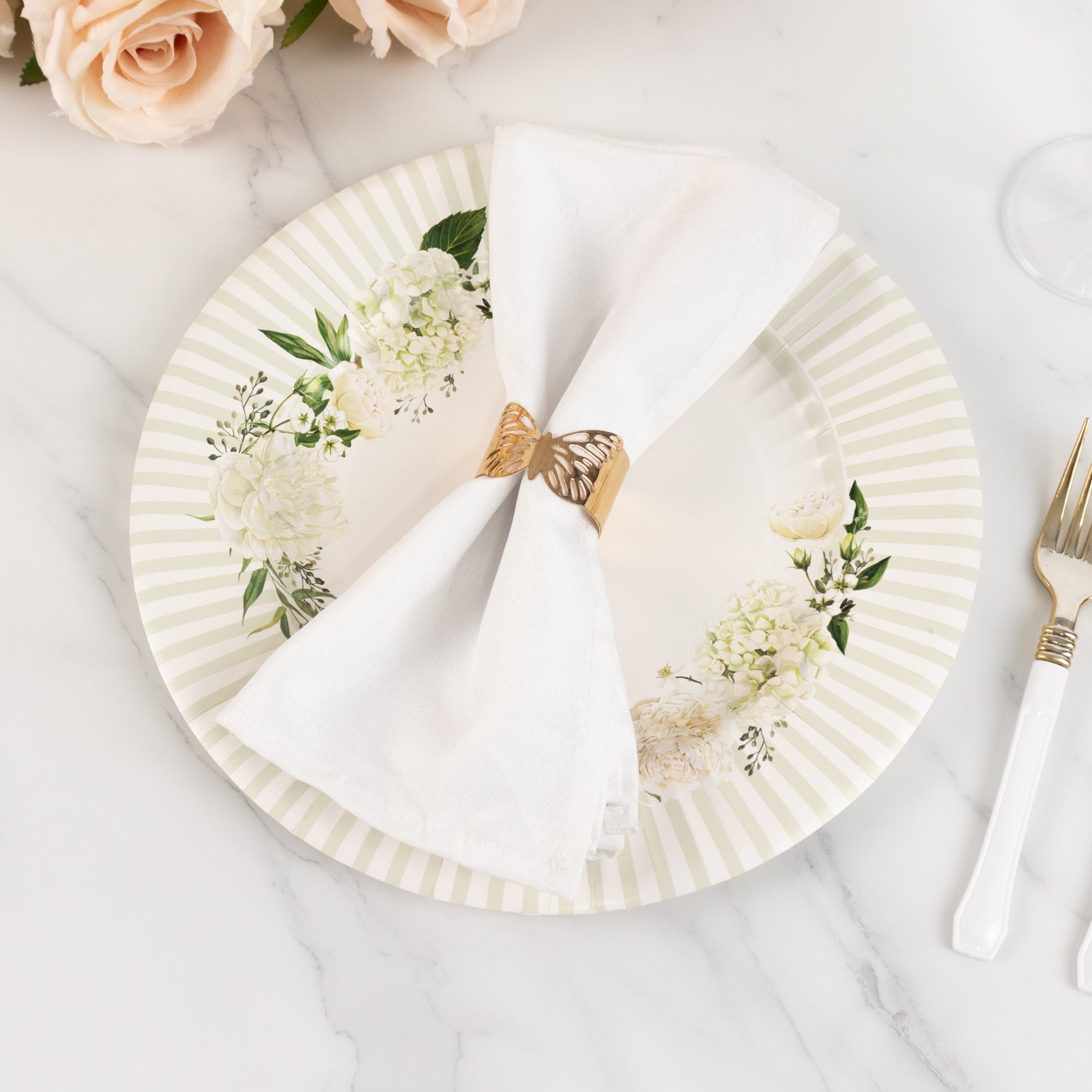 25-Piece Set of 10.5-Inch White Paper Dinner Plates with Sage Green Floral Design & Lined Edge - Ideal for Party Events