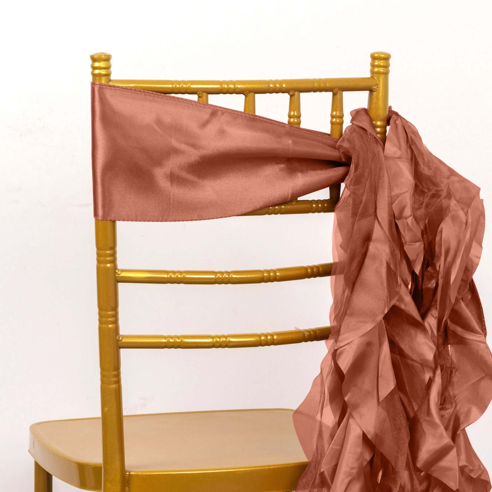 5-Pack Terracotta (Rust) Chiffon Satin Curly Willow Chair Sashes - Easy Install