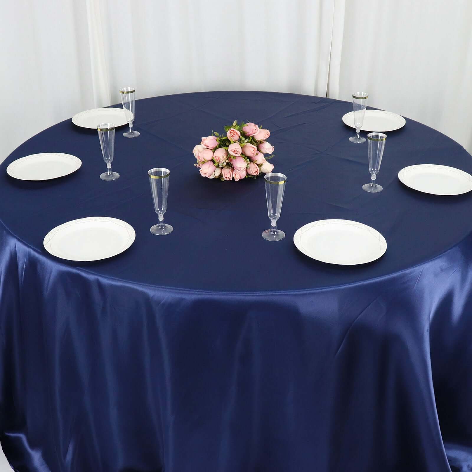 Stylish Navy Blue Satin 132-Inch Round Tablecloth - Ideal for Special Occasions