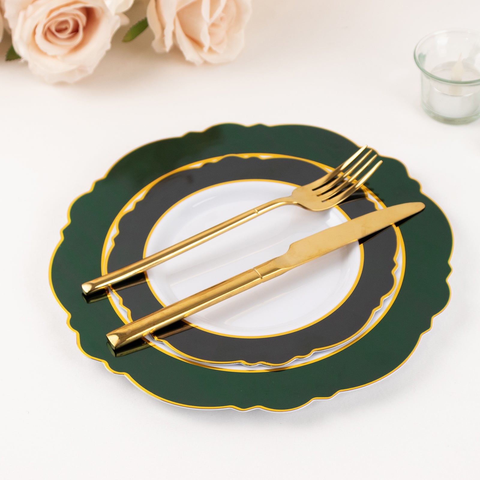 10-Pack Disposable White Plastic Dessert Plates with Hunter Green Blossom & Gold Edging - Ideal for Events