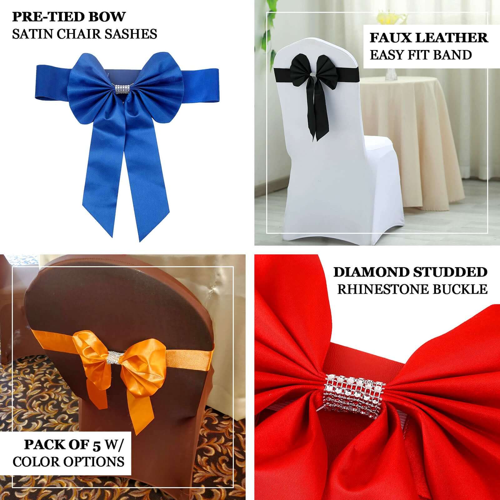 5-Pack Black Satin Faux Leather Chair Sashes with Diamond Rhinestone Buckles - Luxurious Party Decor