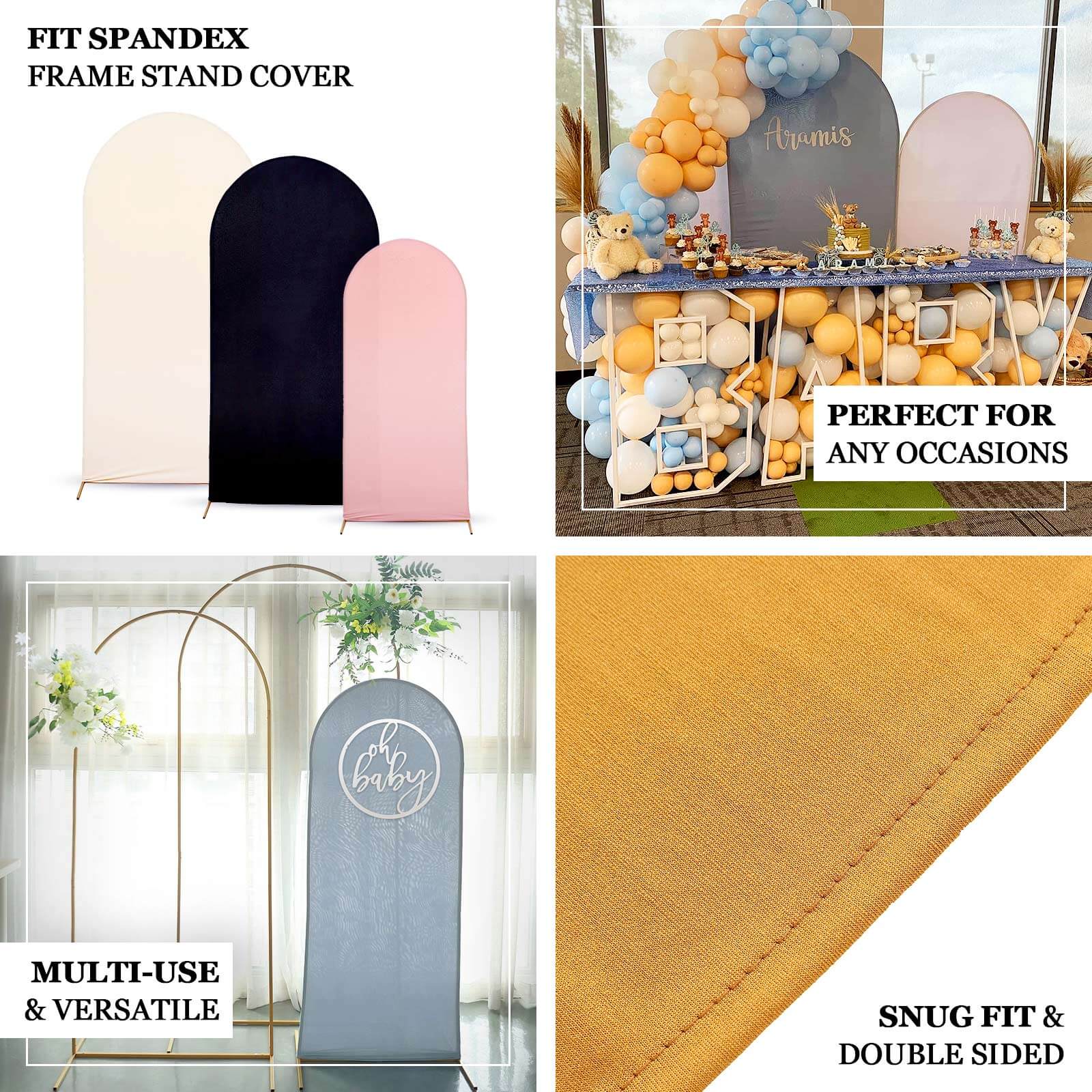 Hot Sale! Set of 4 Matte Beige Spandex Fitted Covers for Round Top Chiara Wedding Arch Stands in 4 Sizes