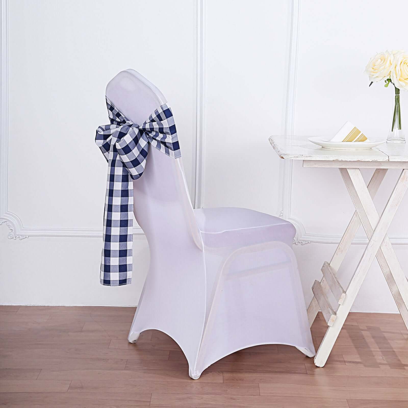 Get 5-Pack Durable & Reusable Navy Blue/White Buffalo Plaid Polyester Chair Sashes