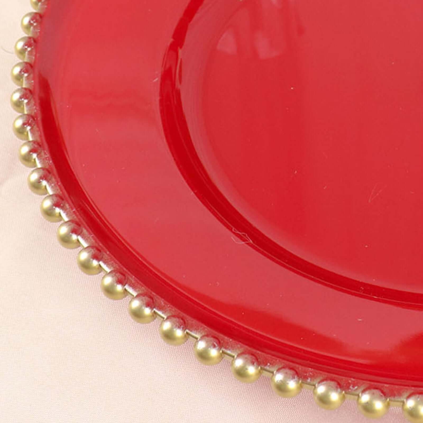 Hot Sale! 6-Piece Set of 13-Inch Red Acrylic Round Charger Plates with Gold Beaded Rims for Dinner Parties
