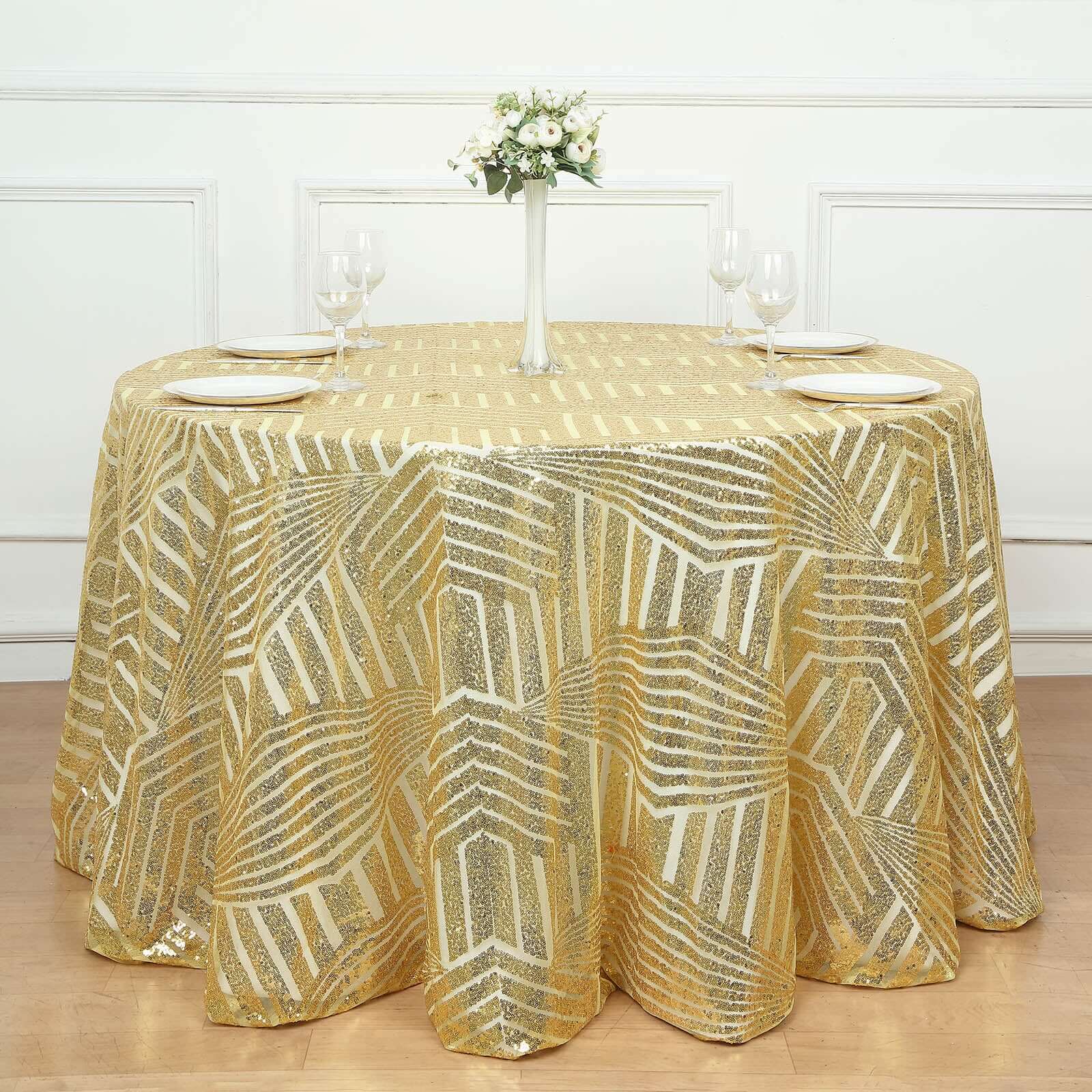 Gold Sequin 120 Round Tablecloth - Glam Seamless Diamond Design for Special Events