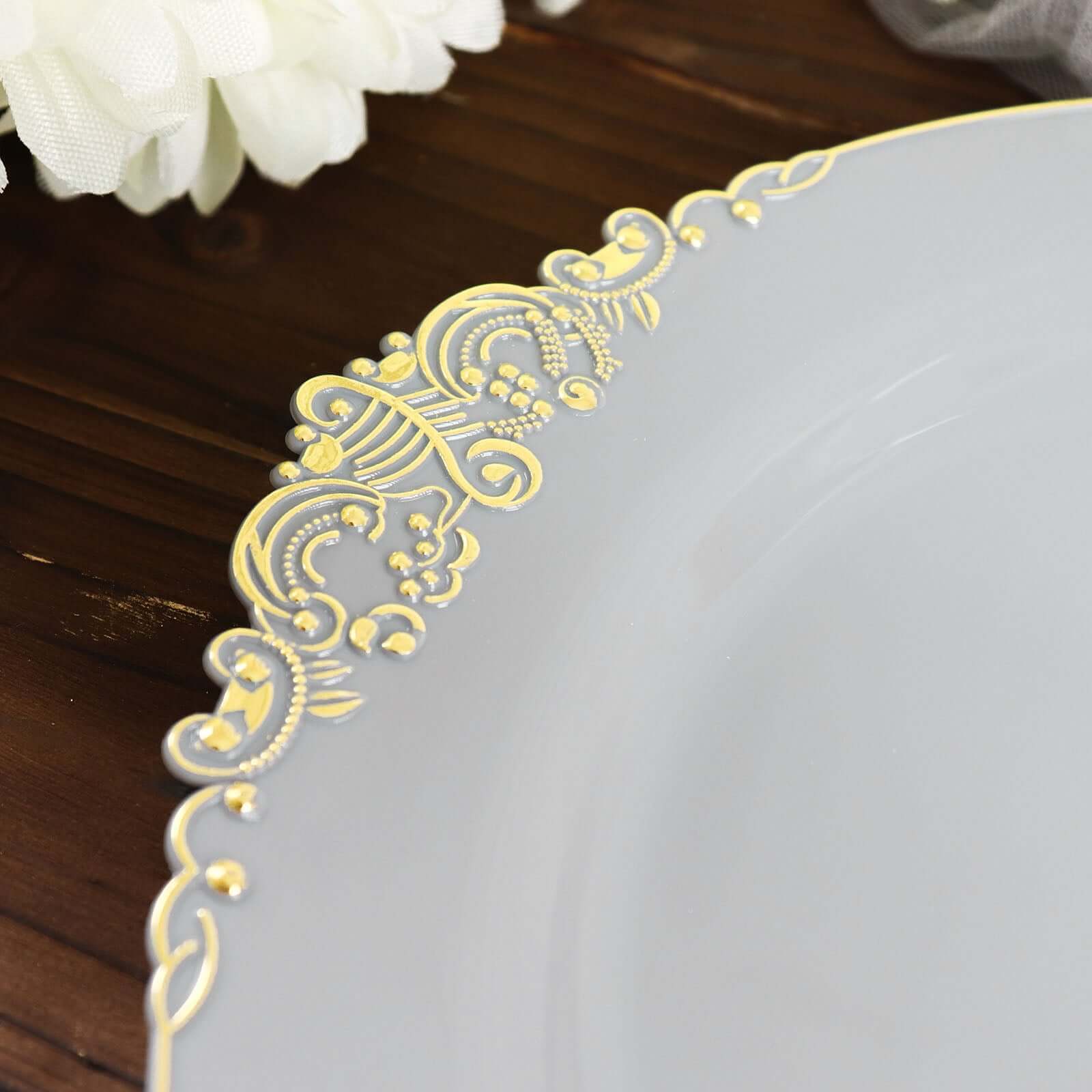 10-Piece Disposable Gray Plastic Round Dinner Plates with Gold Leaf Embossed Rim in Vintage Baroque Style