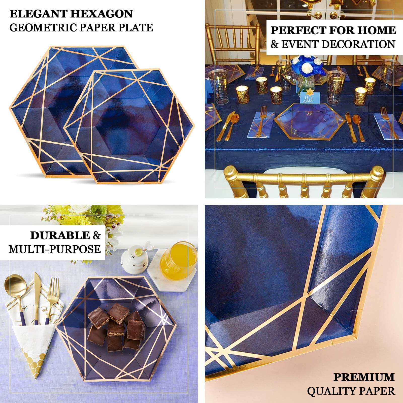 25-Pack Navy Blue & Gold Geometric Hexagon Disposable Paper Appetizer & Salad Dessert Plates