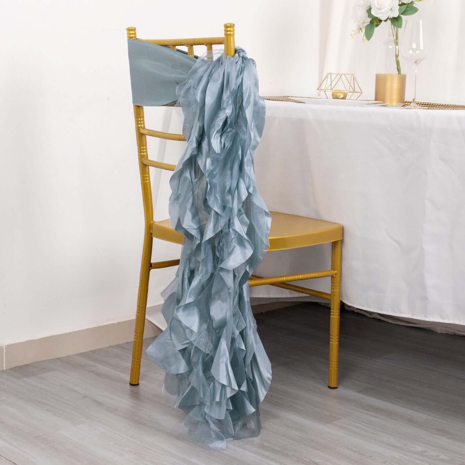 5-Pack Dusty Blue Chiffon Satin Chair Sashes - Easy Install, Curly Willow Style