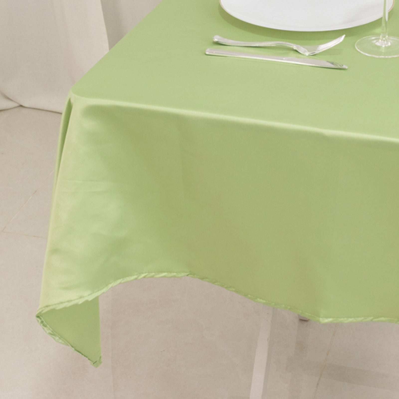 Sage Green 54x54 Durable Silk-Like Lamour Satin Square Table Overlay