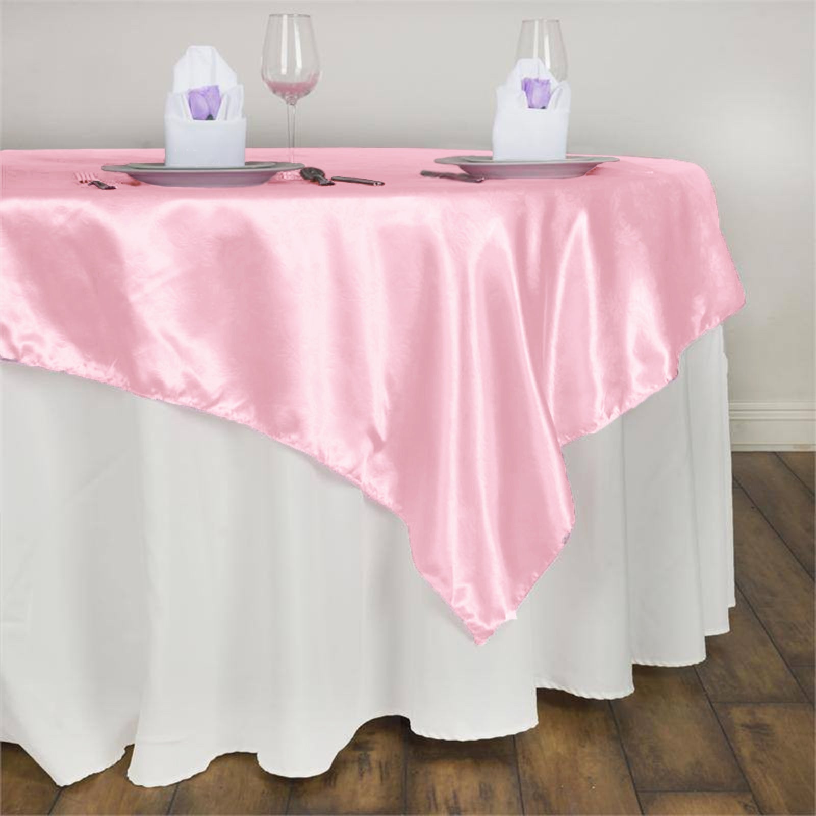 HOT SALE! 60''x60 Pink Satin Table Overlay with Embossed Lily Design
