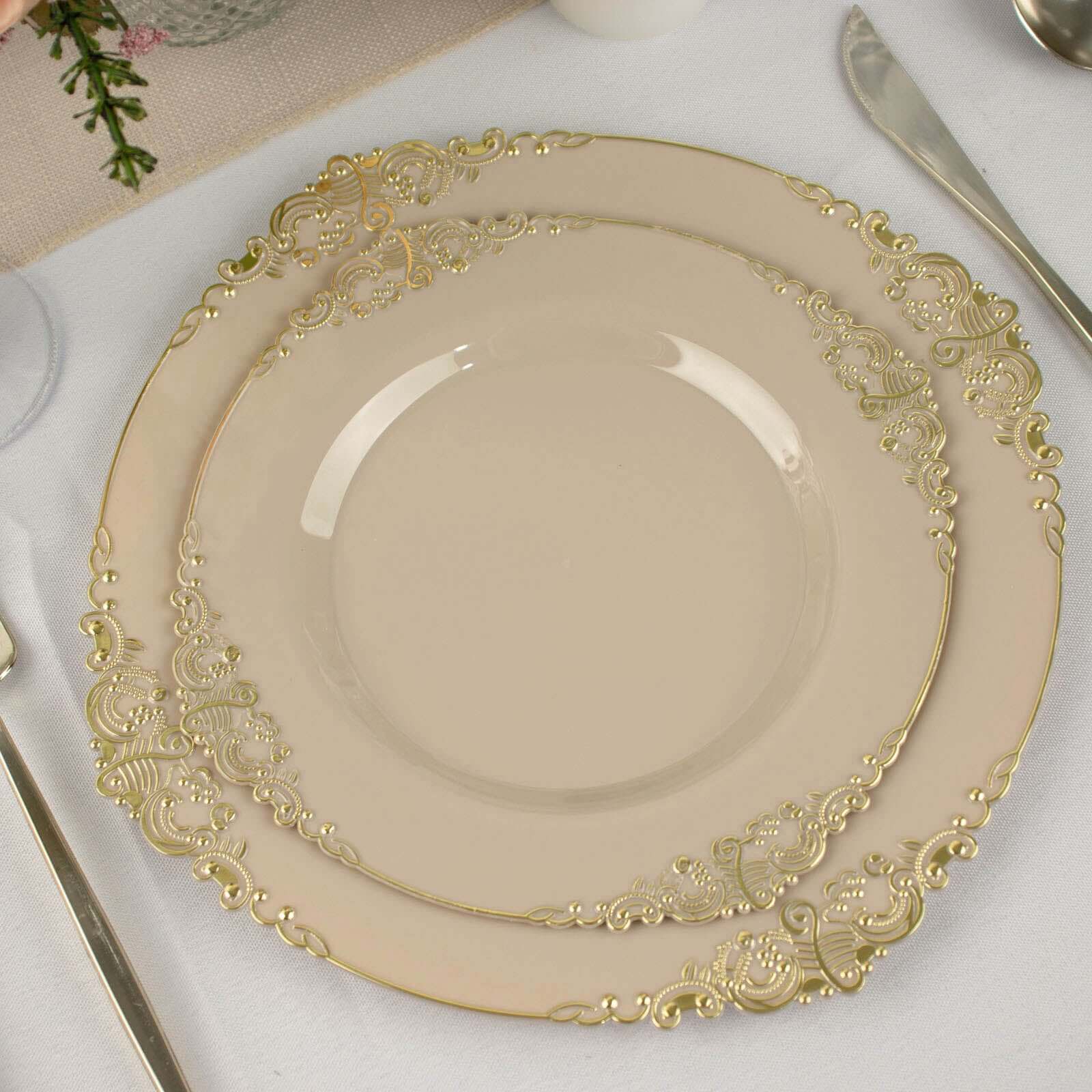 10-Pack Disposable Taupe Plastic Round Dessert Plates with Gold Leaf Embossed Rim - Vintage Baroque Style