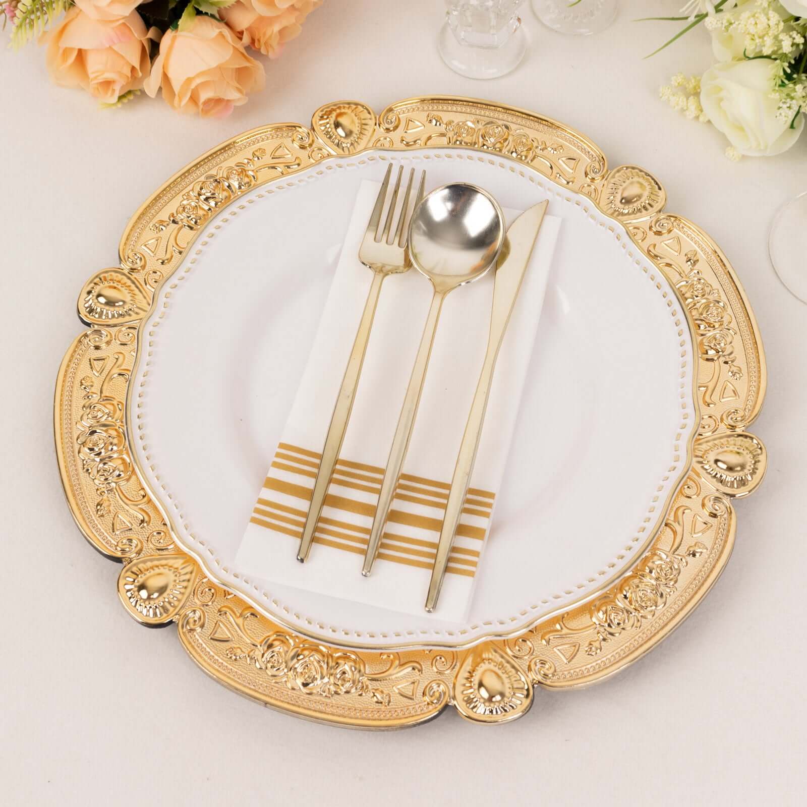 Hot Sale! 6-Pack 13-inch Gold Floral Embossed Acrylic Charger Plates with Scalloped Rim