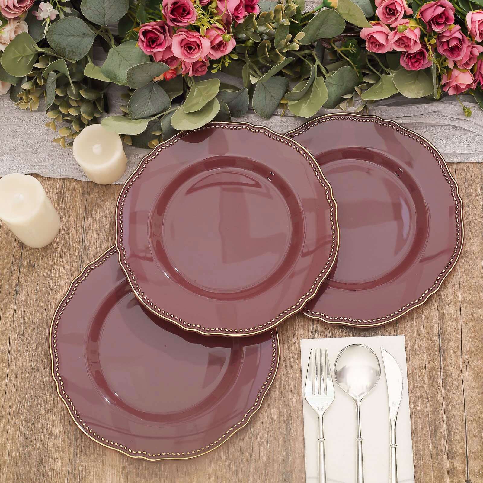 Hot Deal! 10-Pack 9" Disposable Plastic Dinner Plates in Cinnamon Rose with Gold Rim
