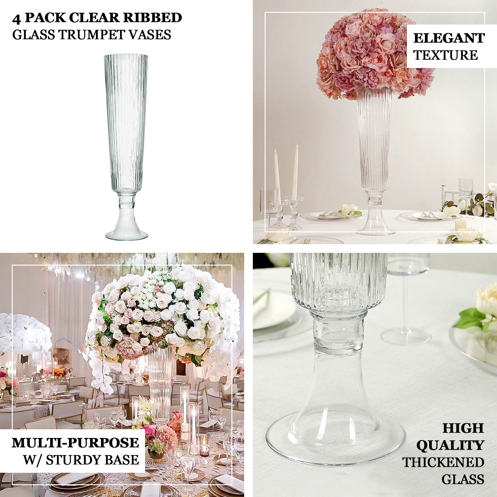 4-Pack Clear Glass Trumpet Vases with Ribbed Design - Durable 26-Inch Event Centerpieces
