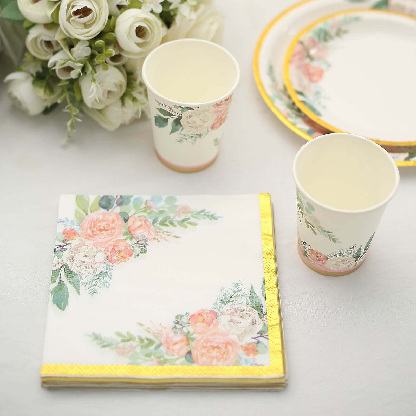 20-Pack 18GSM 2-Ply Pink Peony Floral Gold Trimmed White Paper Cocktail Napkins for Weddings - Hot Sale