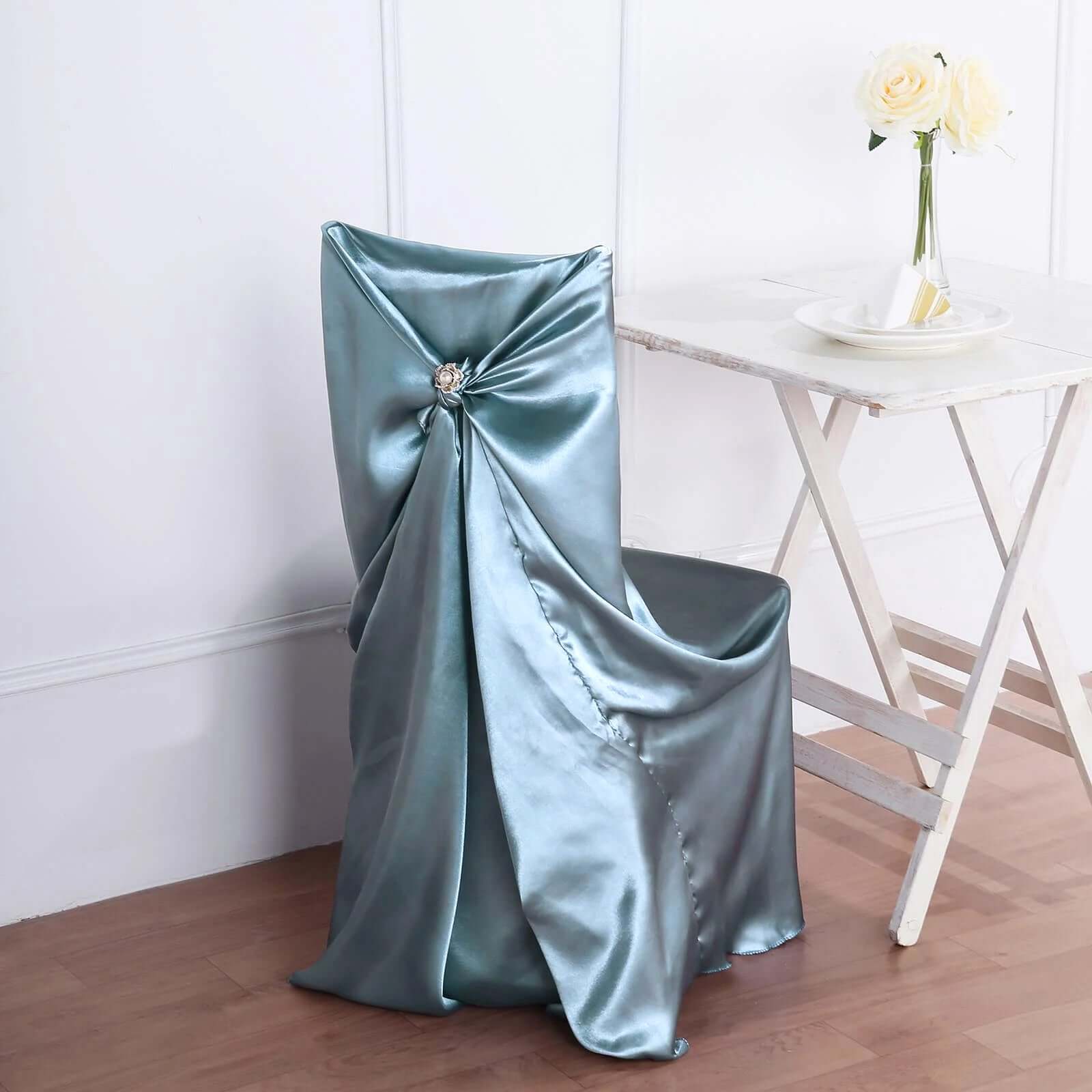 Dusty Blue Satin Self-Tie Chair Cover - Universal Slip-On for Folding, Dining & Banquet Chairs