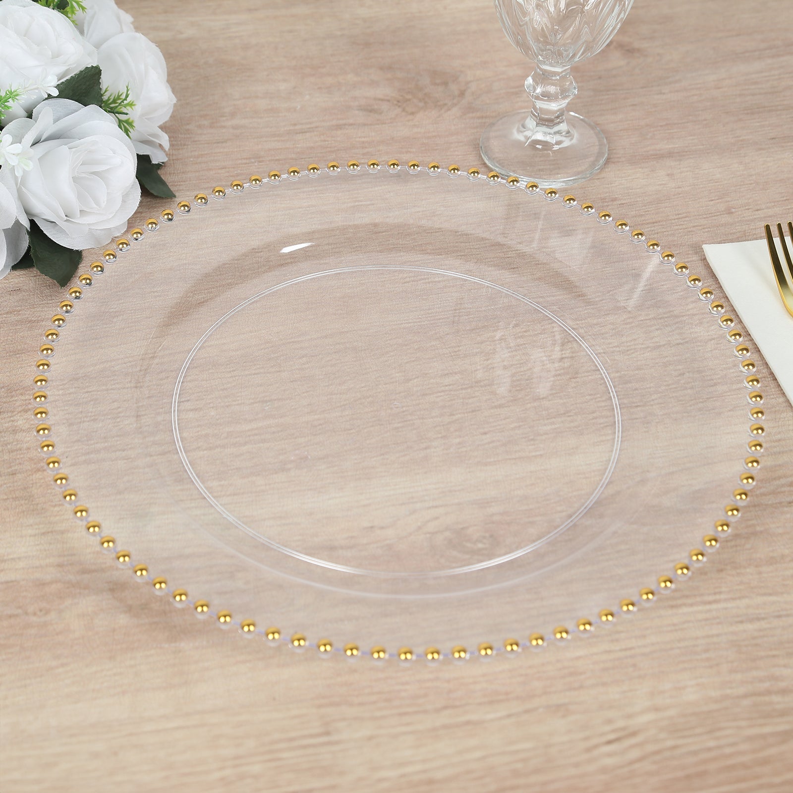 10-Piece Set of Clear 13-Inch Round Plastic Charger Plates with Gold Beaded Rim for Stylish Dinner Parties