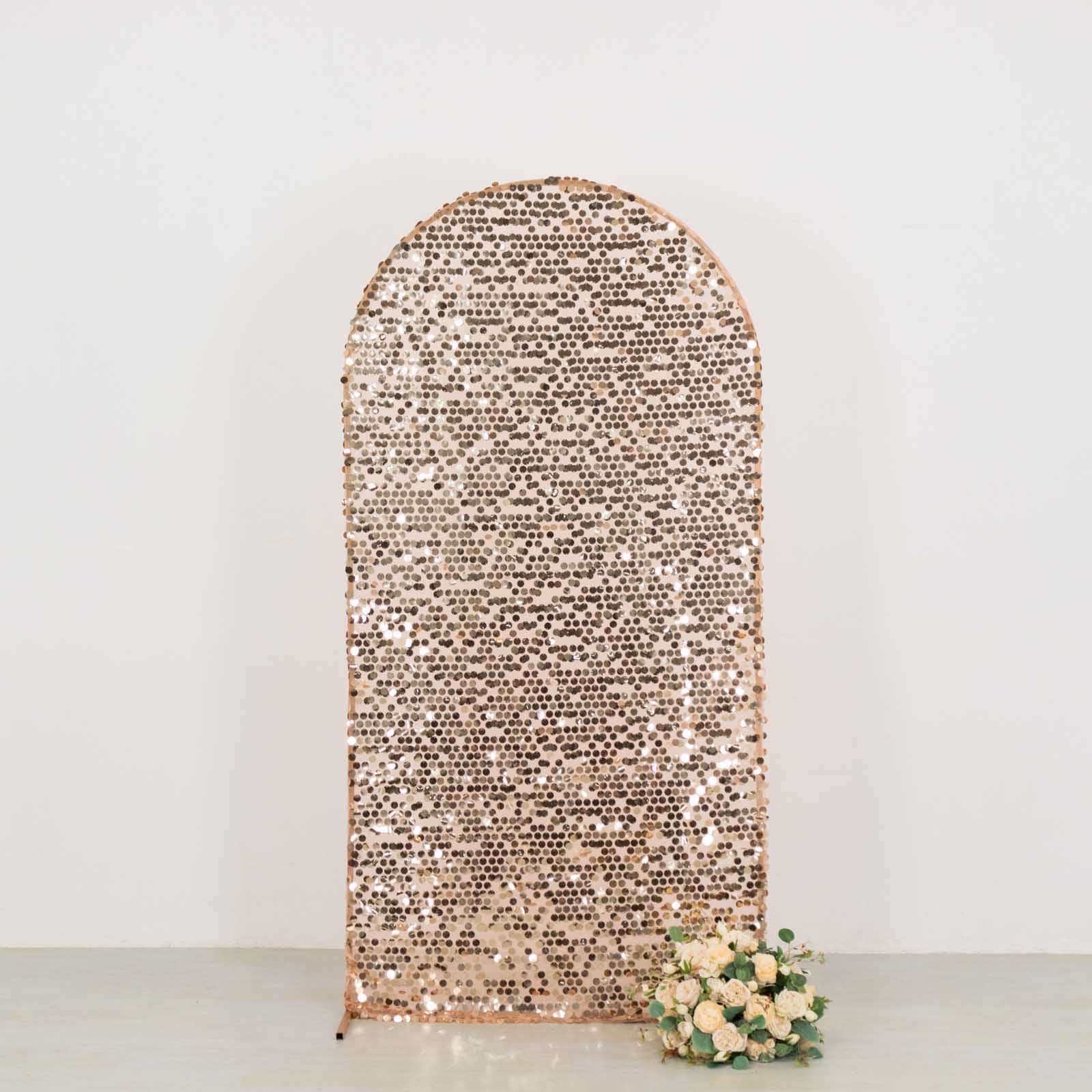 Sparkly 7ft Rose Gold Payette Sequin Fitted Cover for Round Top Wedding Arch - Ideal Decor!
