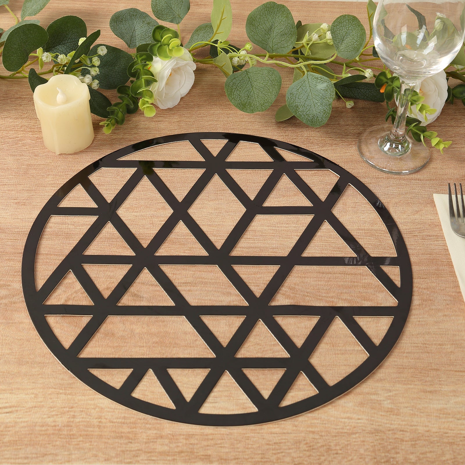 Hot Sale! 6-Pack Disposable Black Cardboard Table Placemats with Laser-Cut Geometric Triangles, 13 Inches