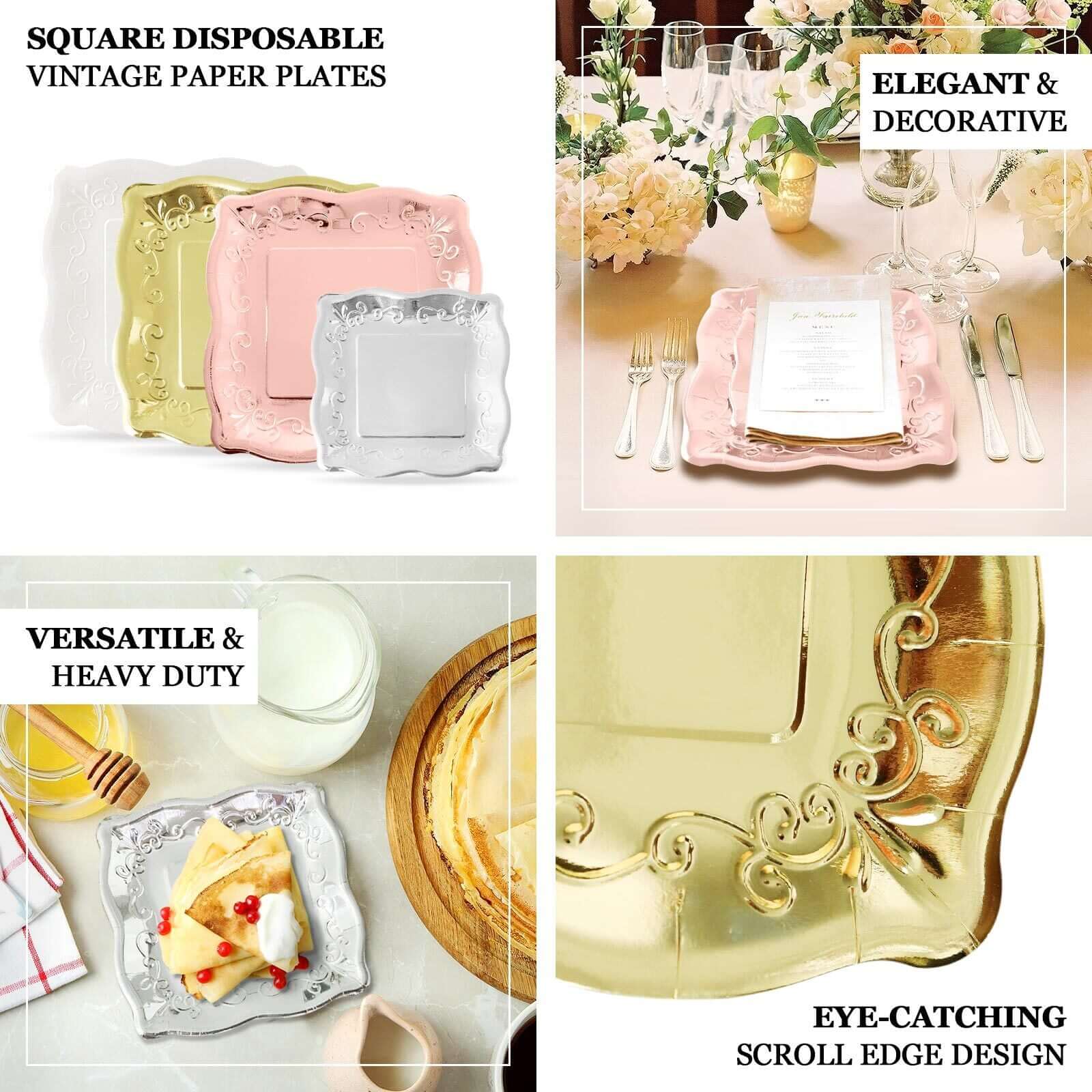 25-Pack White Square 7-Inch Disposable Dessert Plates with Vintage Pottery Embossed Design - Ideal for Special Events