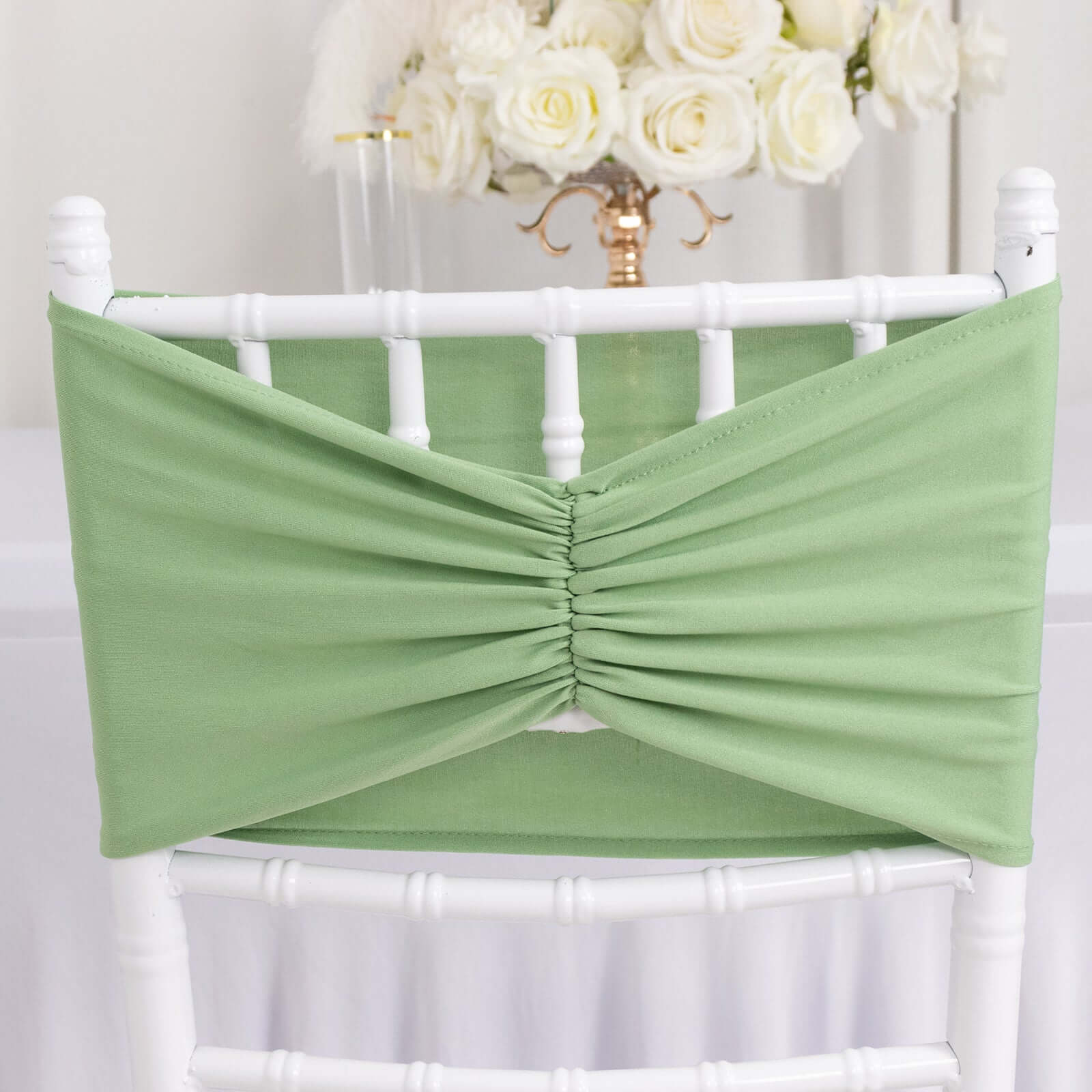 Hot Deal! 5-Pack Sage Green Ruffled Spandex Chair Sashes - Wide & Stretchable