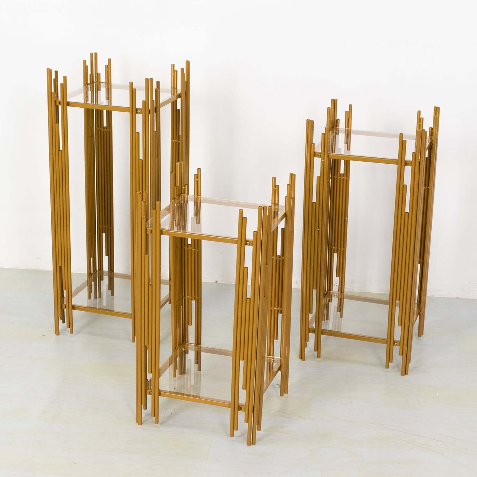 Hot Deal! Set of 3 Gold Metal Wedding Pedestal Stands with Square Acrylic Plates