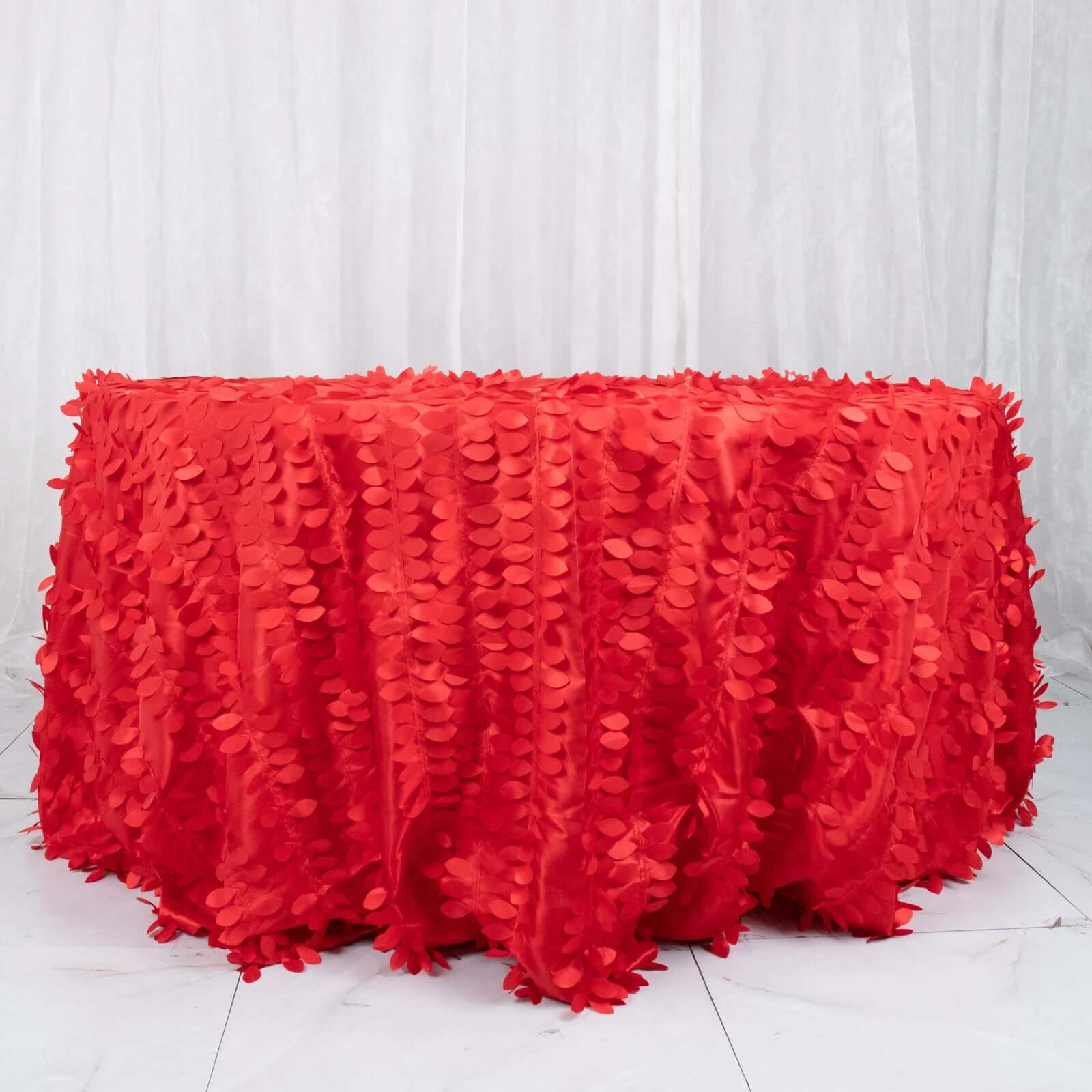 Hot Sale! Red 132-Inch Round Taffeta Tablecloth with 3D Leaf Petal Design