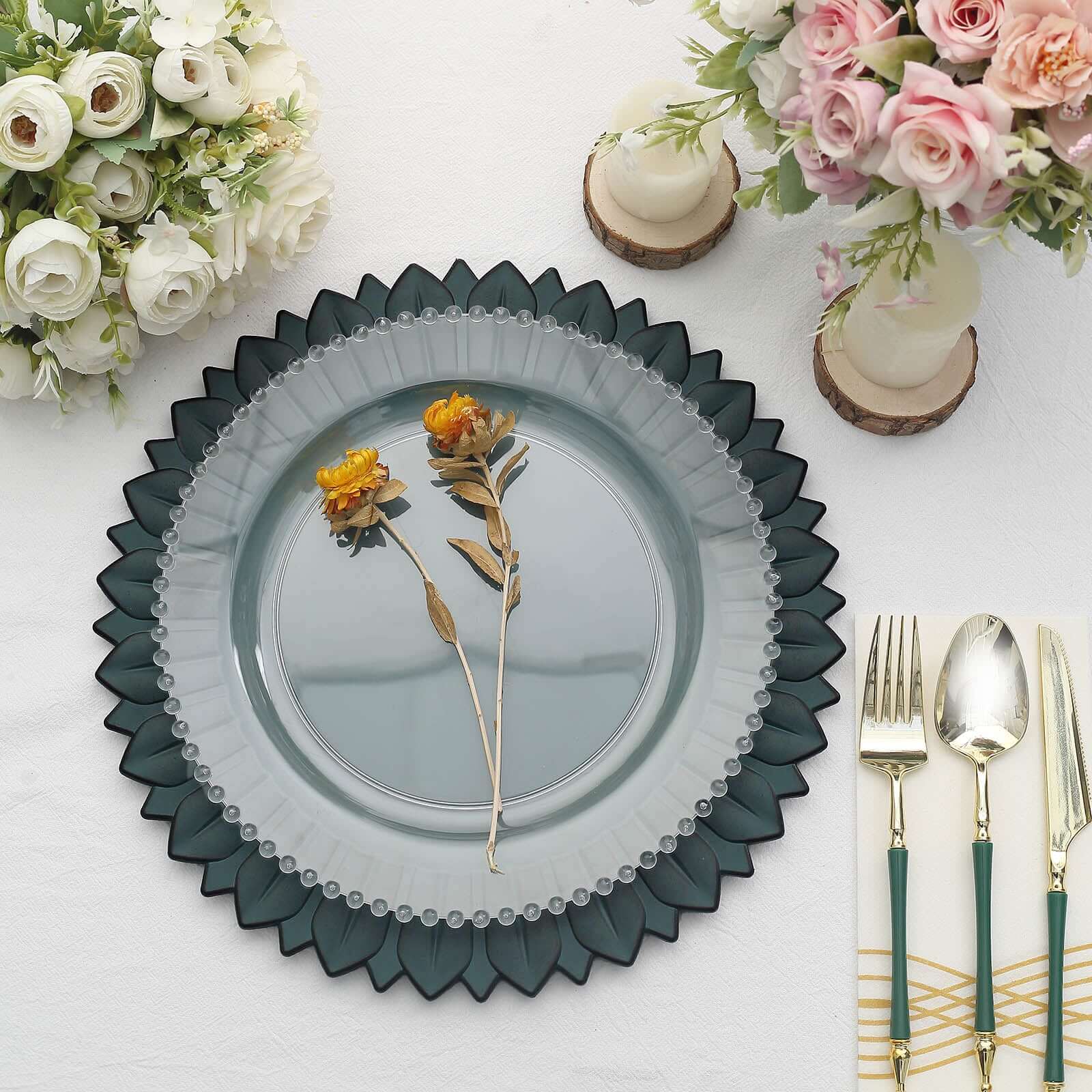 6-Piece Set of 13-Inch Matte Teal Plastic Round Charger Plates with Sunflower Rim