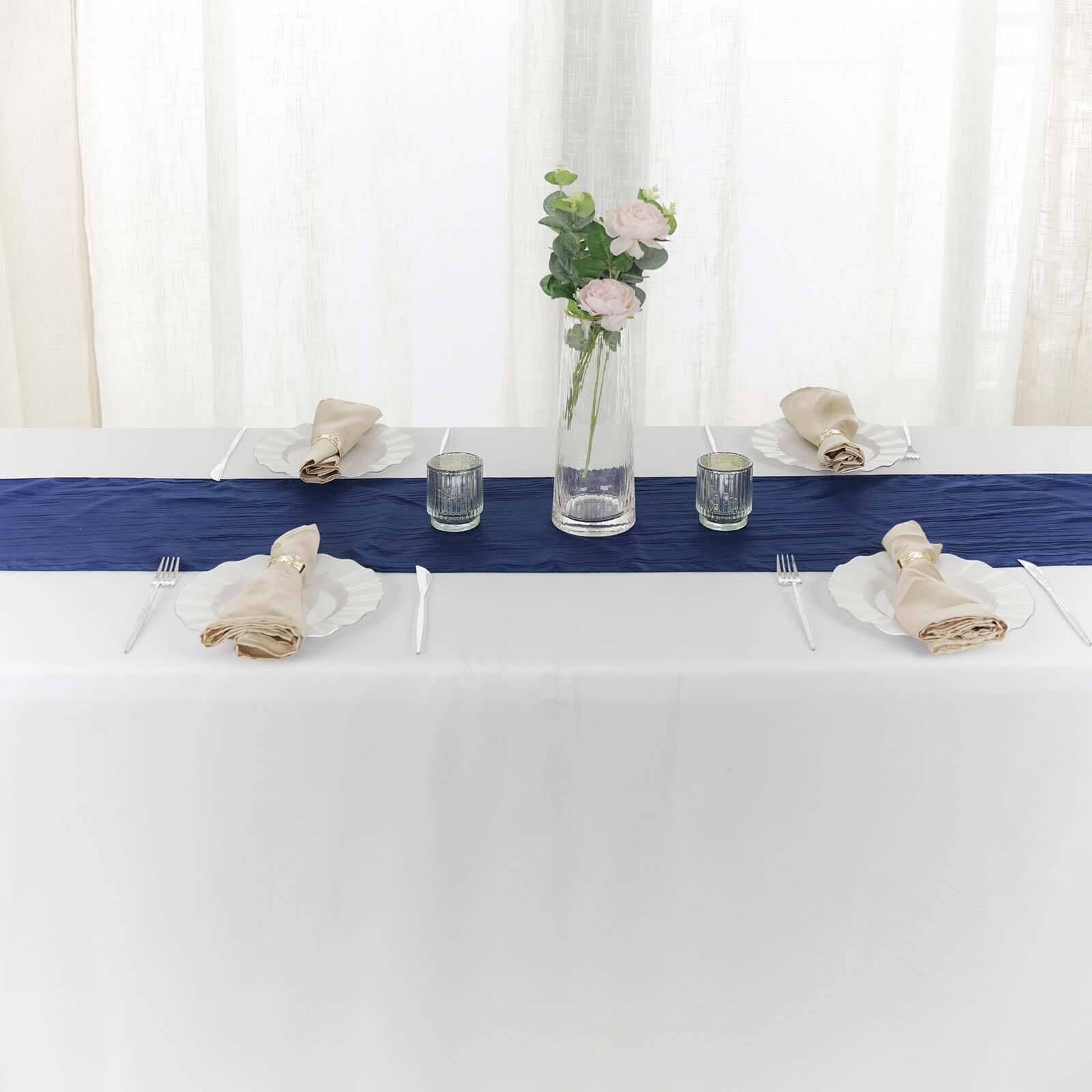 Navy Blue Taffeta 12x108 Table Runner with Accordion Crinkle Design