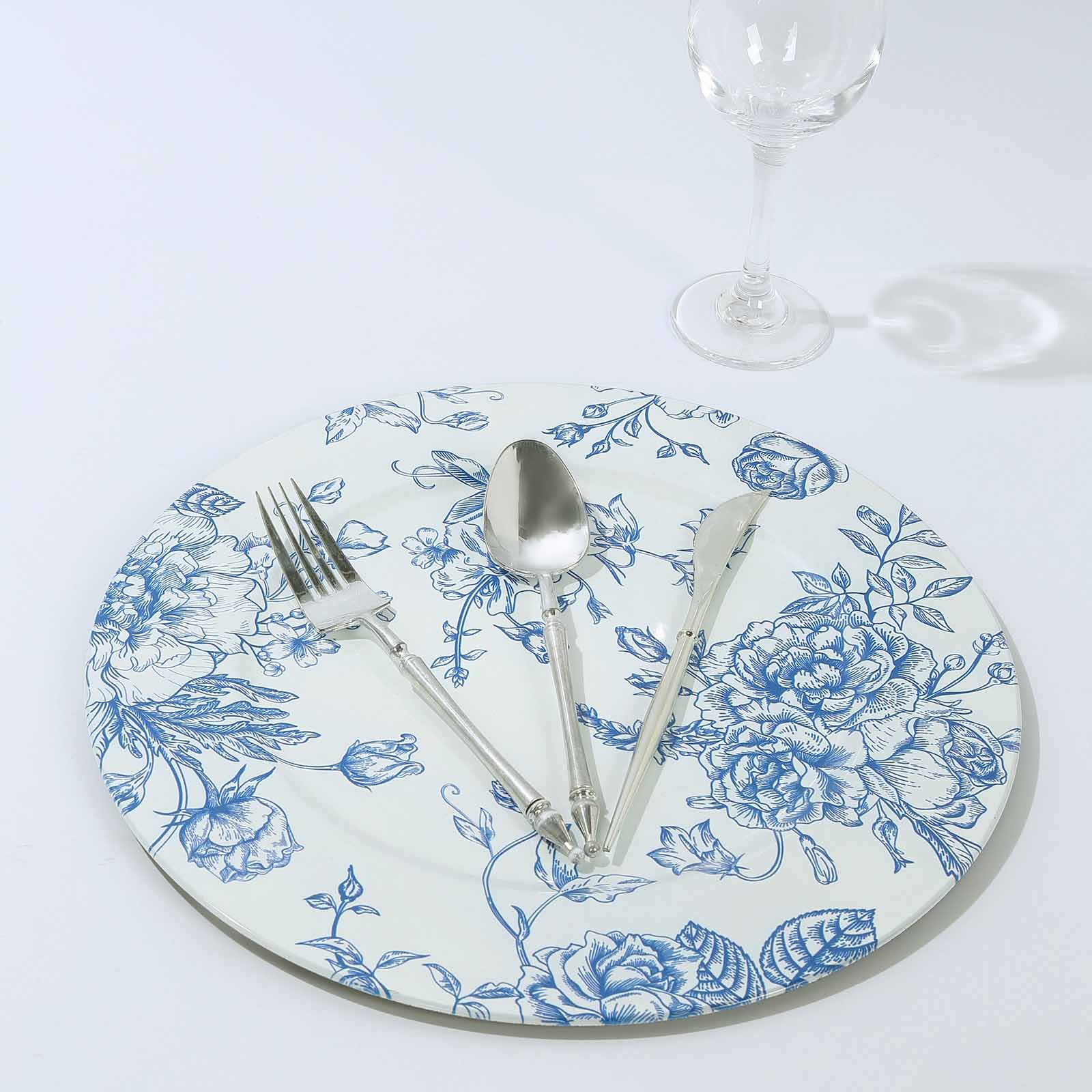 6-Piece Set of White Acrylic Round Charger Plates with Light Blue Floral French Toile Design - Ideal for Dinner Parties