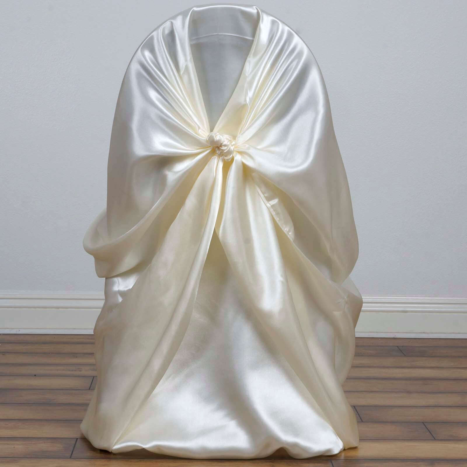 Ivory Satin Self-Tie Universal Chair Cover - Durable Slip-On for Folding, Dining & Banquet Chairs