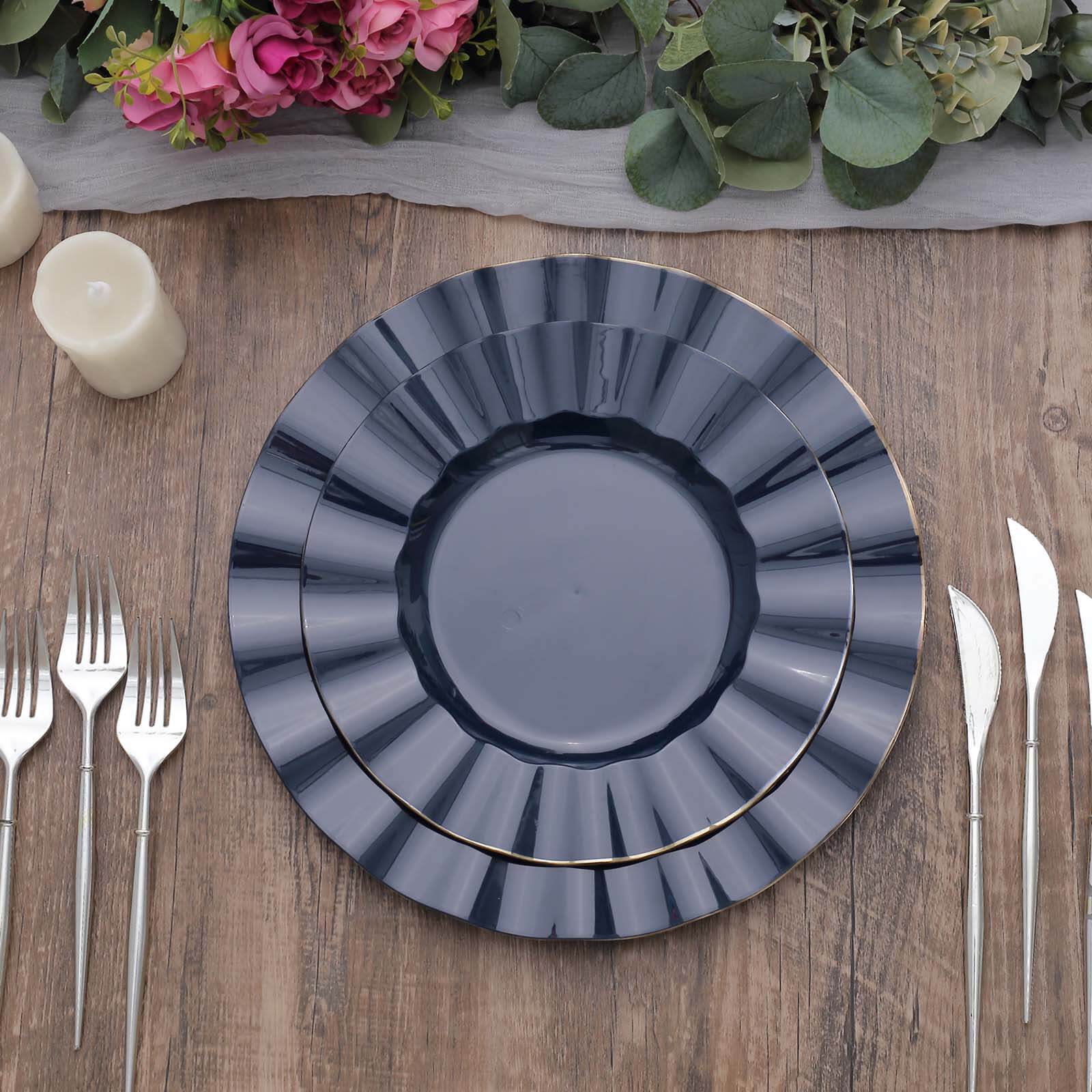 Hot Deal! 10-Pack 11" Navy Blue Plastic Round Dinner Plates with Gold Ruffled Edging - Sturdy Disposable