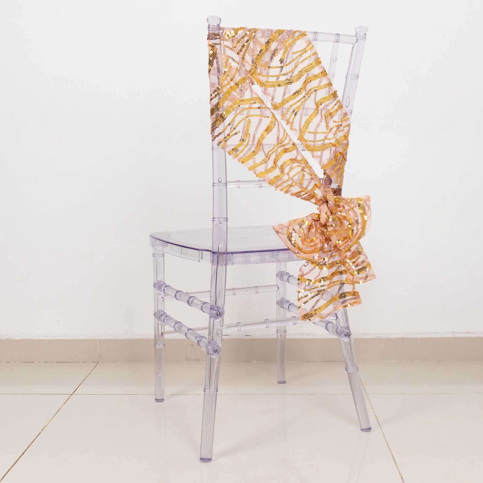 5-Piece Set of Rose Gold/Gold Chair Sashes with Sparkling Wave Embroidered Sequins, 6x88