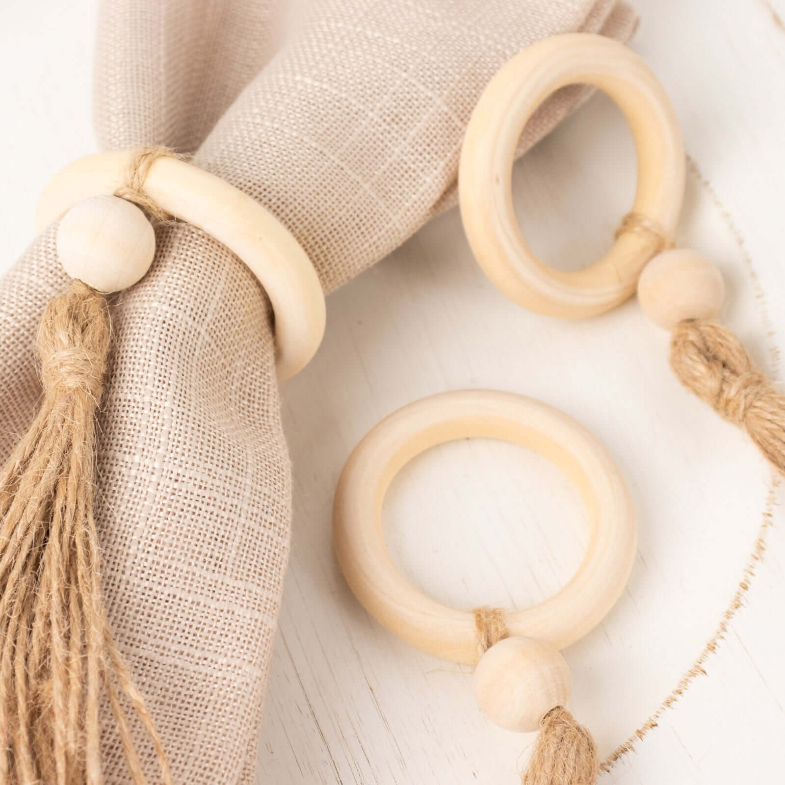 4-Pack Cream Wooden Napkin Rings with Jute Tassels - Rustic Boho Style