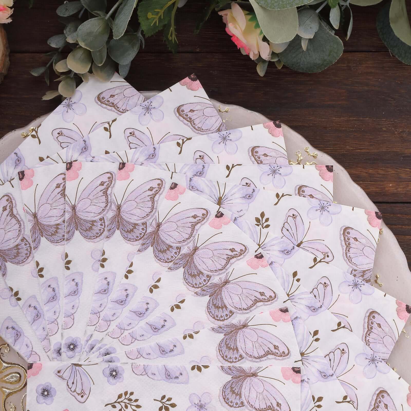 20-Pack 2-Ply Soft 18GSM Ivory Paper Beverage Napkins with Lavender Butterfly Floral Design for Garden Weddings