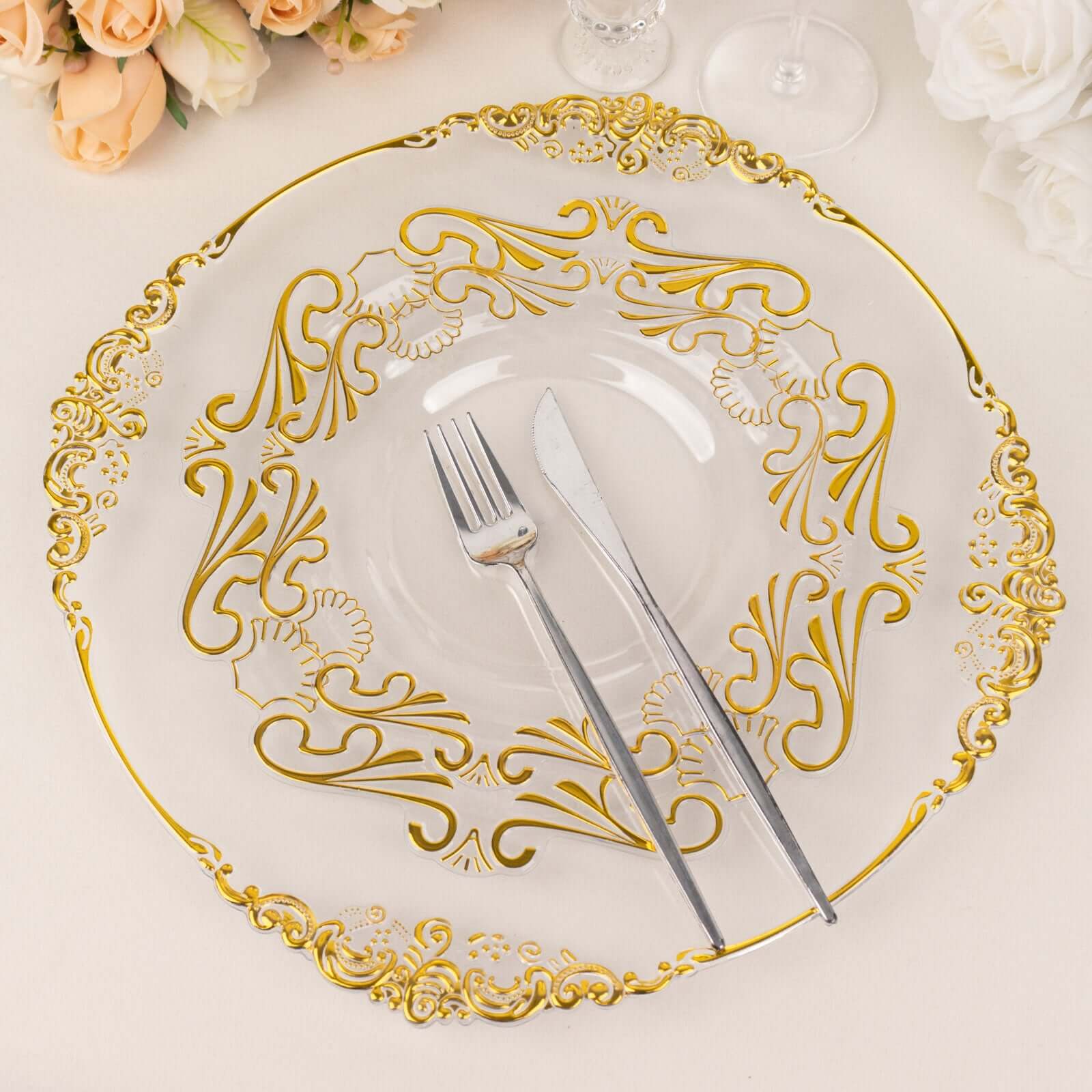 10-Pack Clear Plastic Round Dinner Plates with Gold Vintage Baroque Scalloped Rim - Ideal for Parties