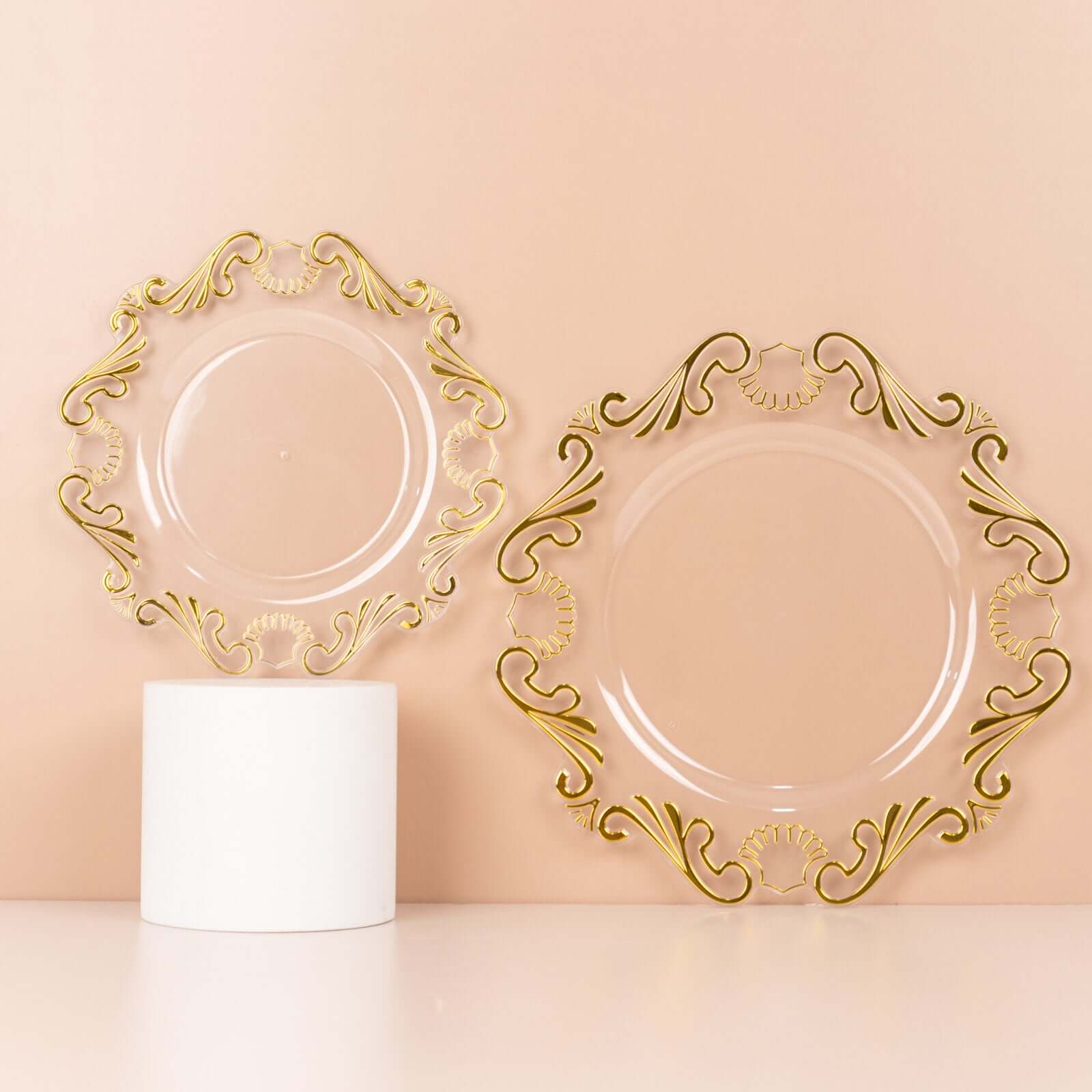 10-Pack Clear Plastic Round Dinner Plates with Gold Vintage Baroque Scalloped Rim - Ideal for Parties