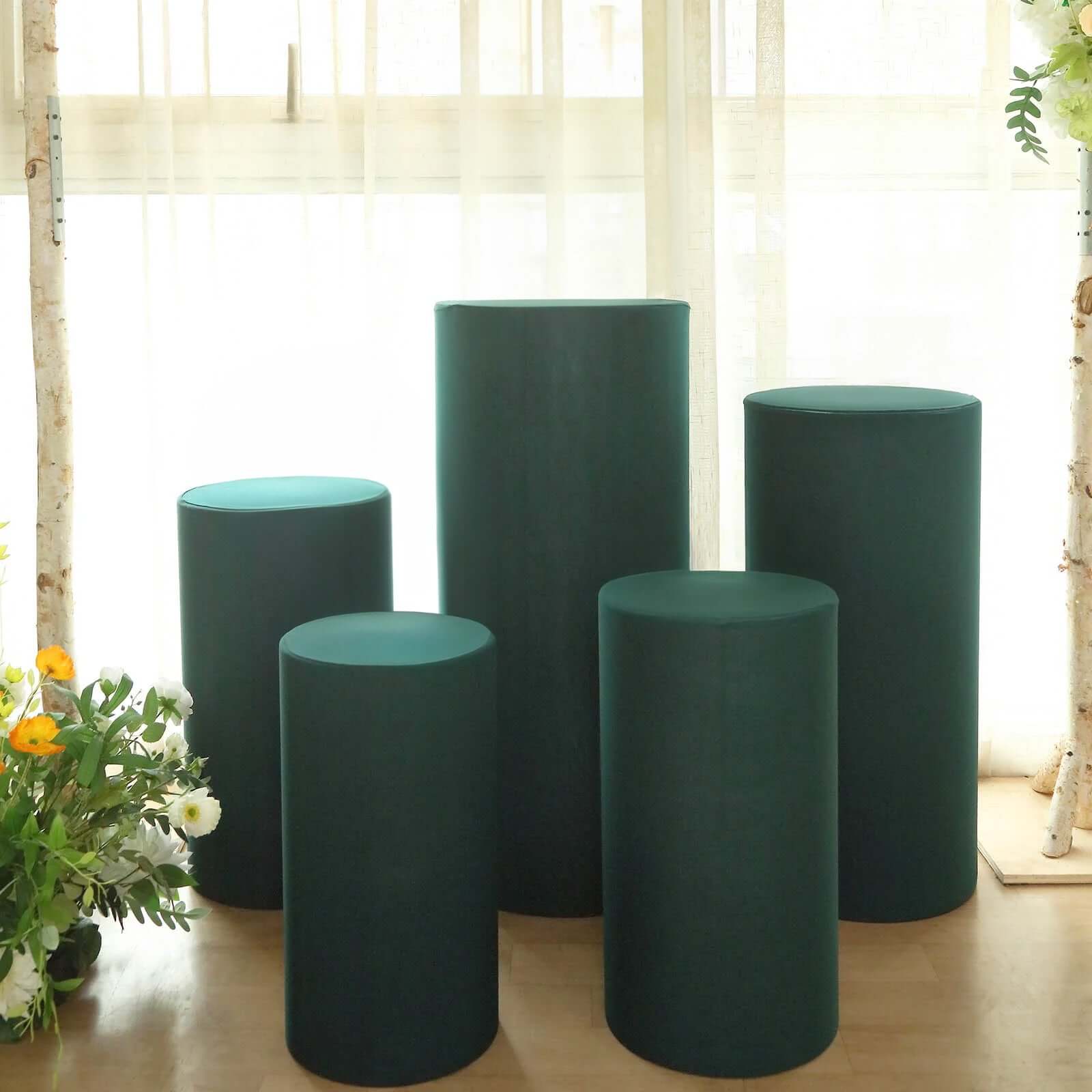 Hot Deal! Set of 5 Stretchable Hunter Emerald Green Spandex Cylinder Pedestal Stand Covers, 160 GSM