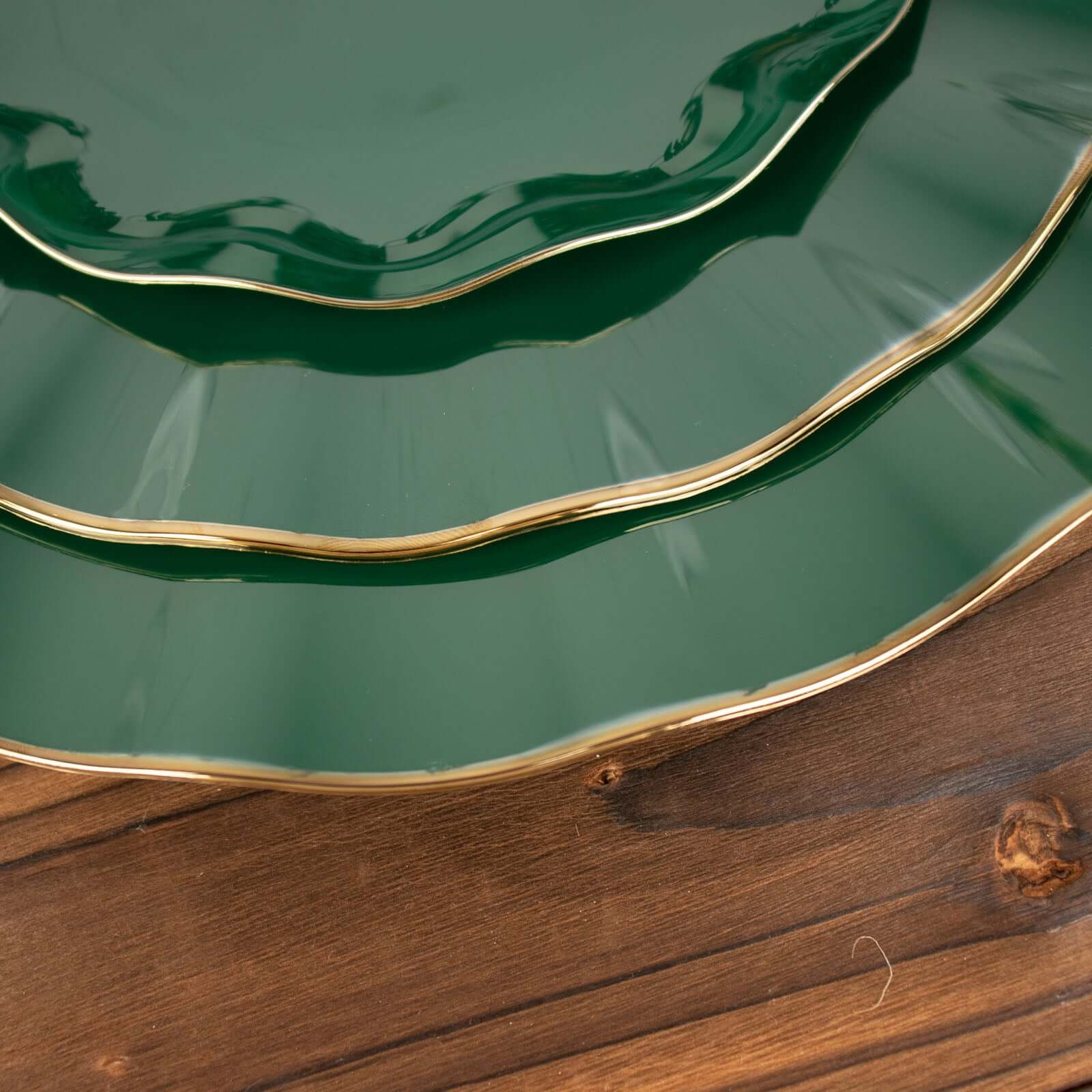 10-Piece Set of Sturdy Disposable 11-Inch Round Dinner Plates in Hunter Emerald Green with Ruffled Gold Edges