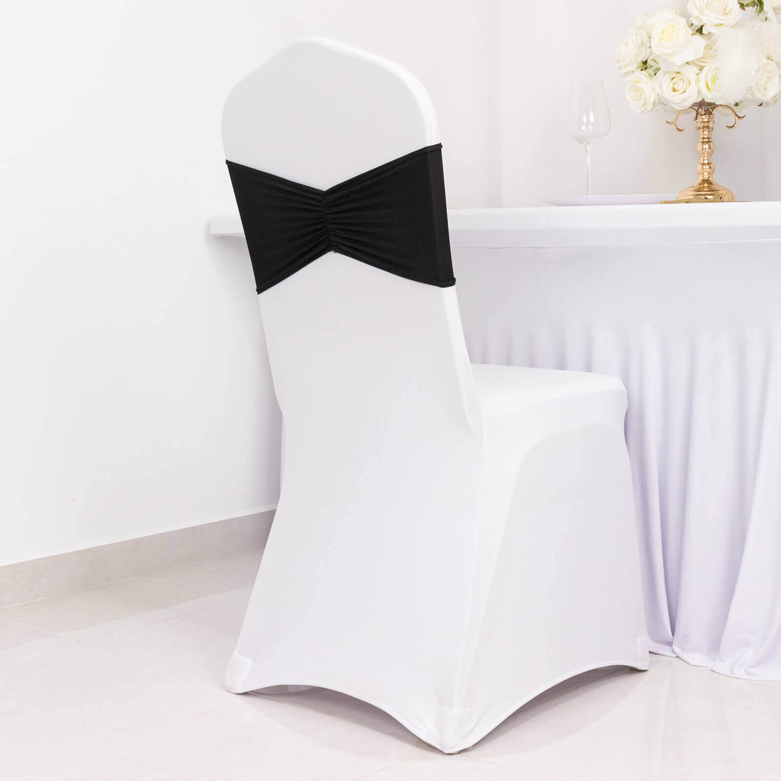 5-Pack Black Ruffled Spandex Chair Sashes - Wide, Stretchable and Easy-to-Use Decor Bands