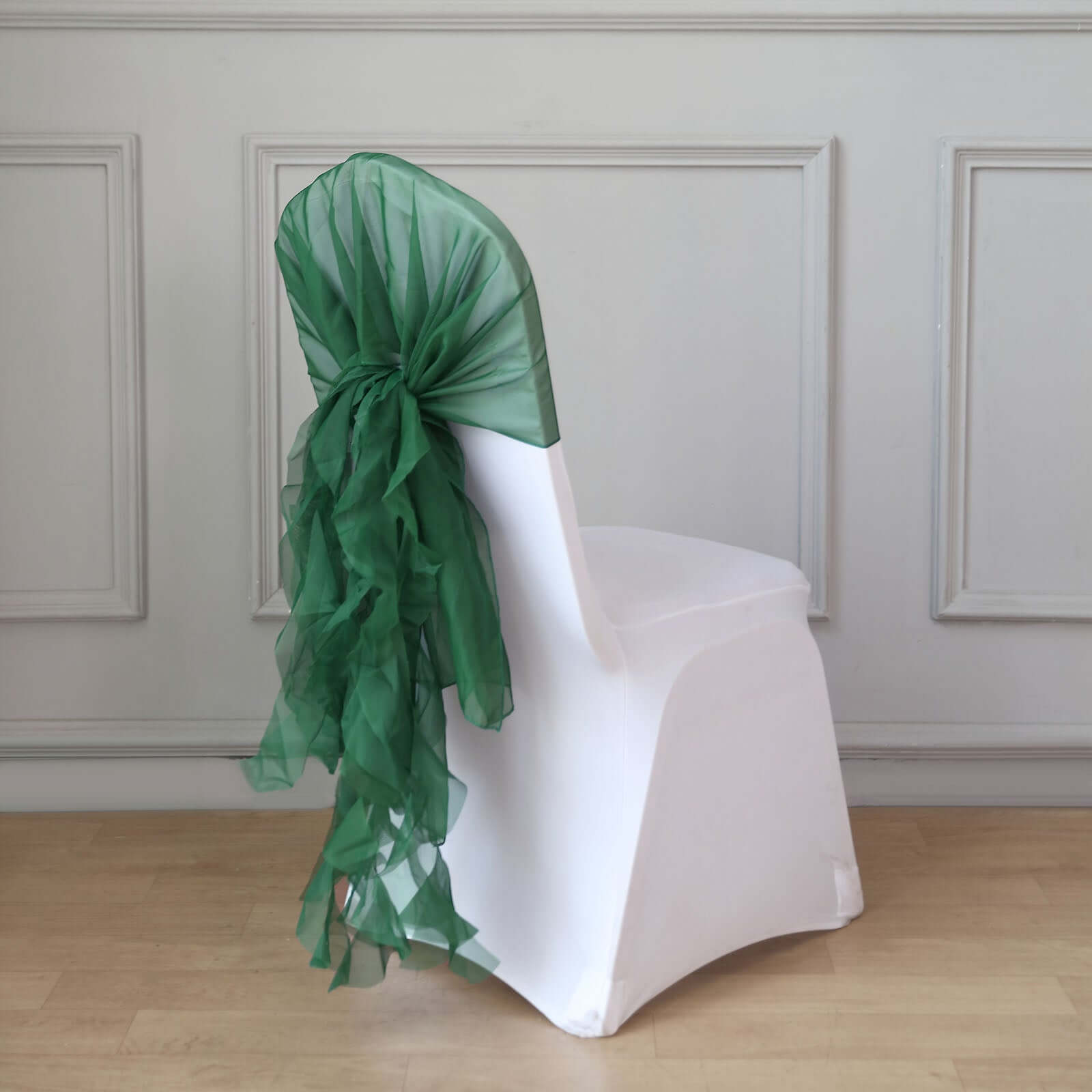 Hunter Emerald Green Chiffon Chair Sashes Set with Willow Ruffles - Elegant Party Decor
