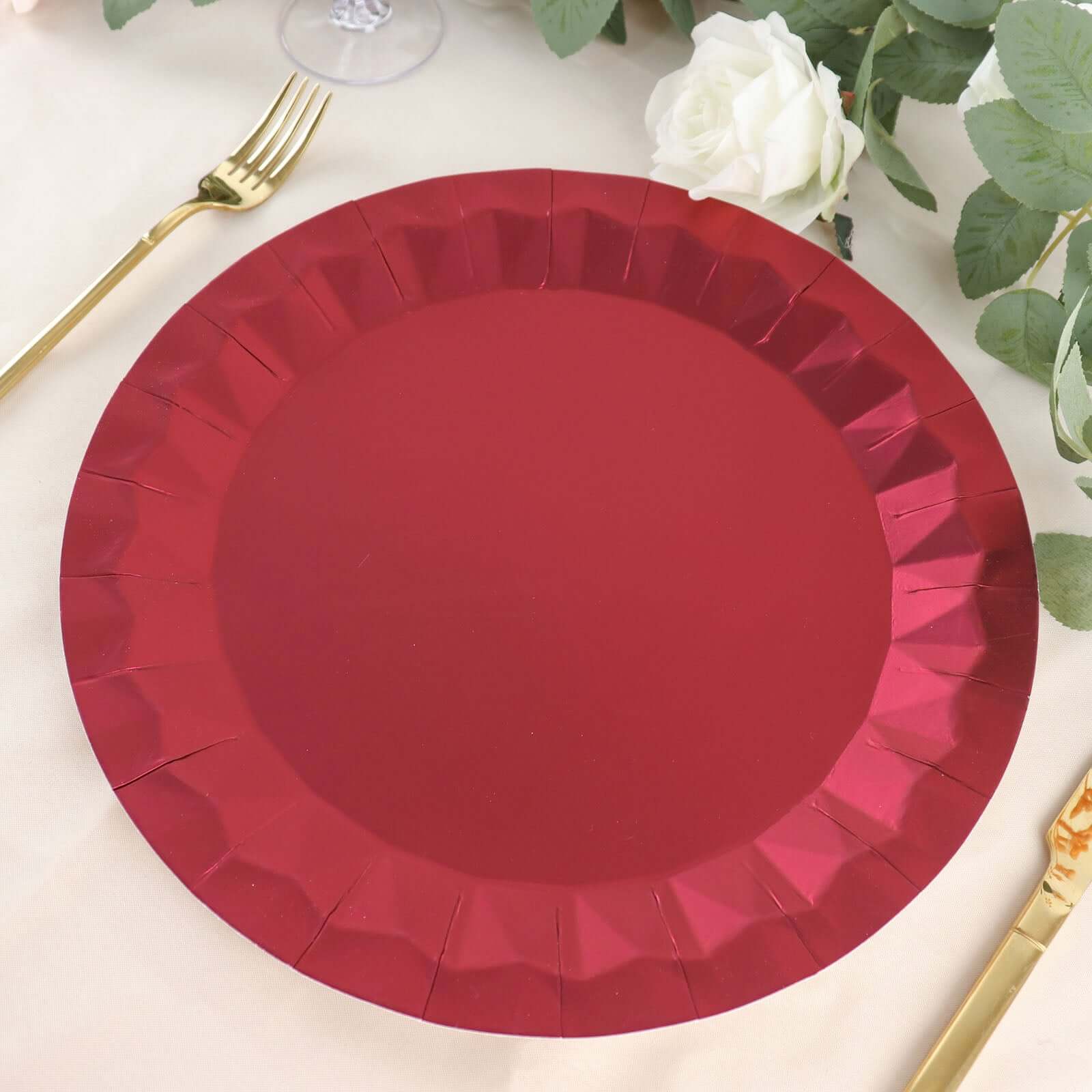 25-Pack Disposable Burgundy Paper Charger Plates with Geometric Design - 12